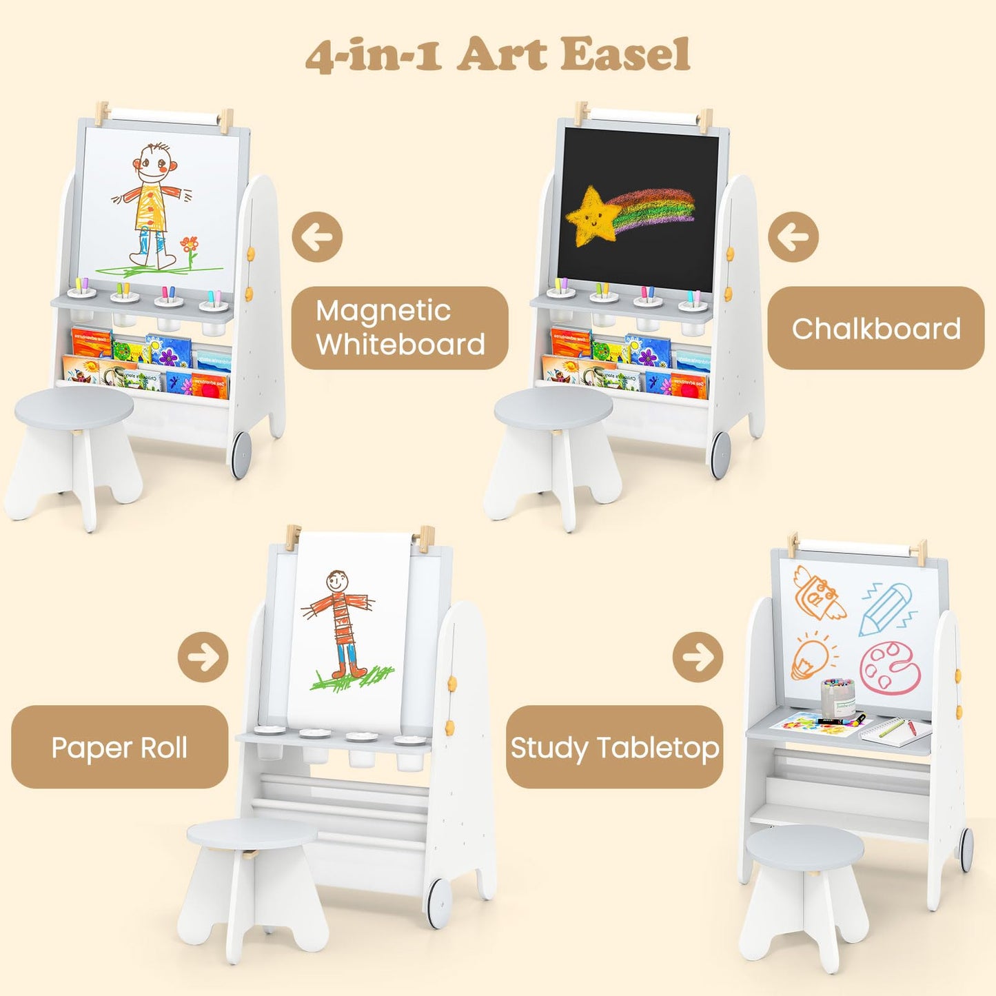 INFANS Easel for Kids with Stool, 4-in-1 Double-Sided Adjustable Magnetic Chalkboard with Paper Roll, Bookshelves, Wheels, Wooden Standing Painting Drawing Art Board for Boys Girls