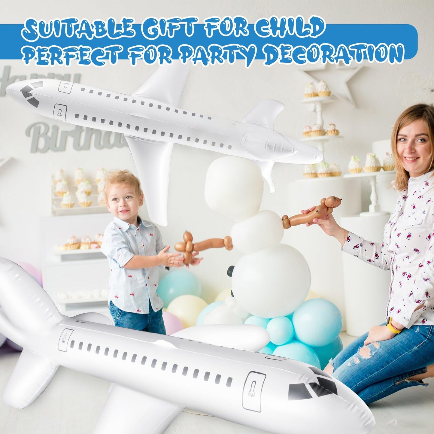 Syhood White 2 Pcs 79 Inch Large Inflatable Airplane Balloon Airplane Aviation Themed for Outdoor Birthday Party Gifts Swimming Pool Decorations Toys