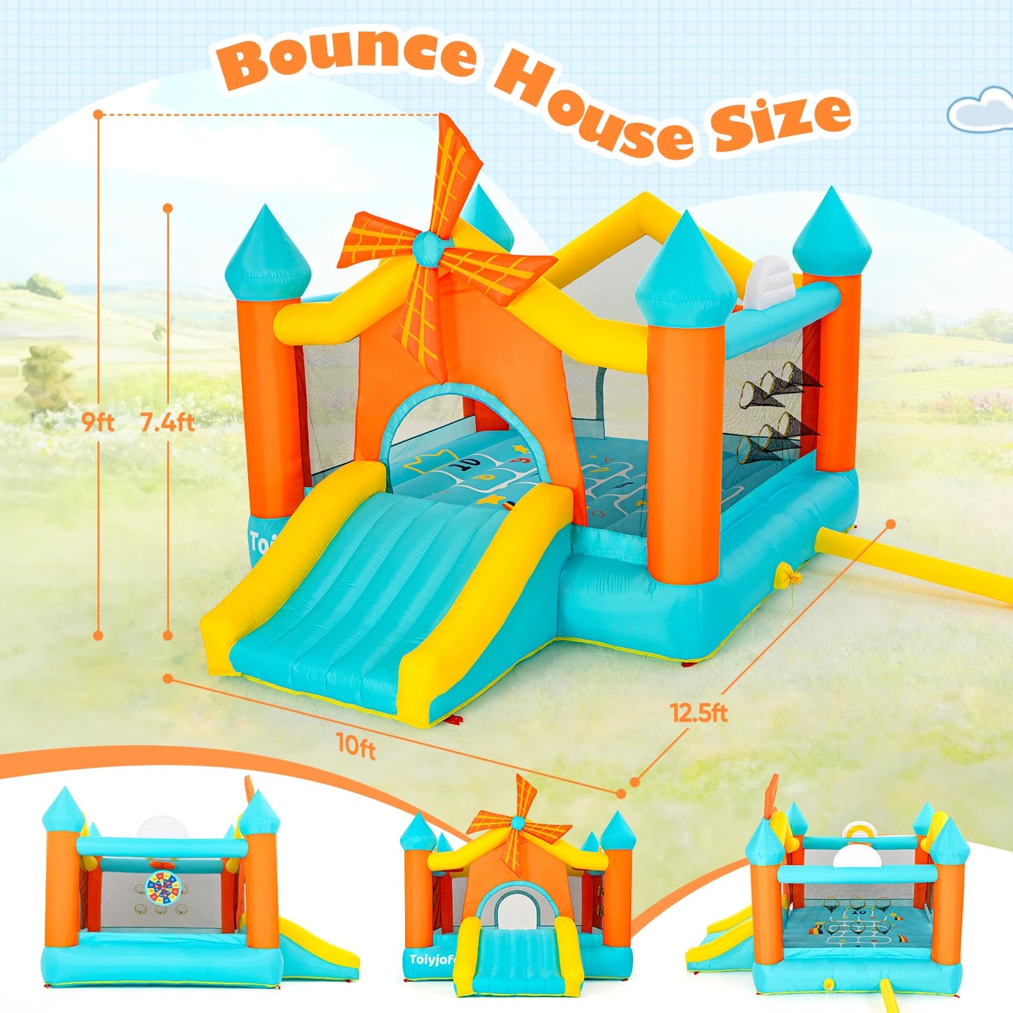 Bounce House for Big Kids 5-10, 12.5FT Windmill Inflatable Bouncy Castle with Slide & Games, Outdoor Backyard Birthday Party Jumper with Blower, Fits 4 Kids
