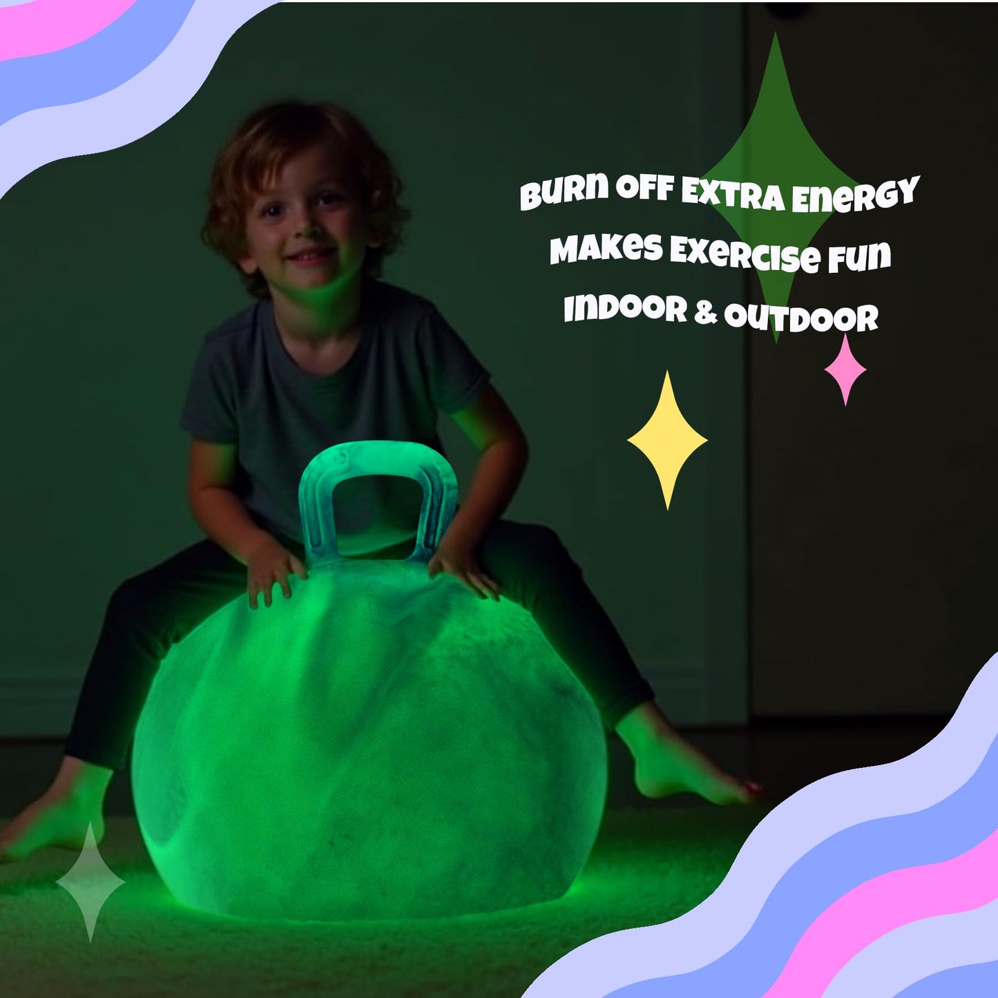 ZOOJOY Glow-in-The-Dark Light Up Hopper Ball for Kids, 18 Inch Bouncy Ball with Handle, Inflatable Night Glow Jumping Toy for Boys and Girls Aged 3-8, Indoor & Outdoor Play, Includes Pump