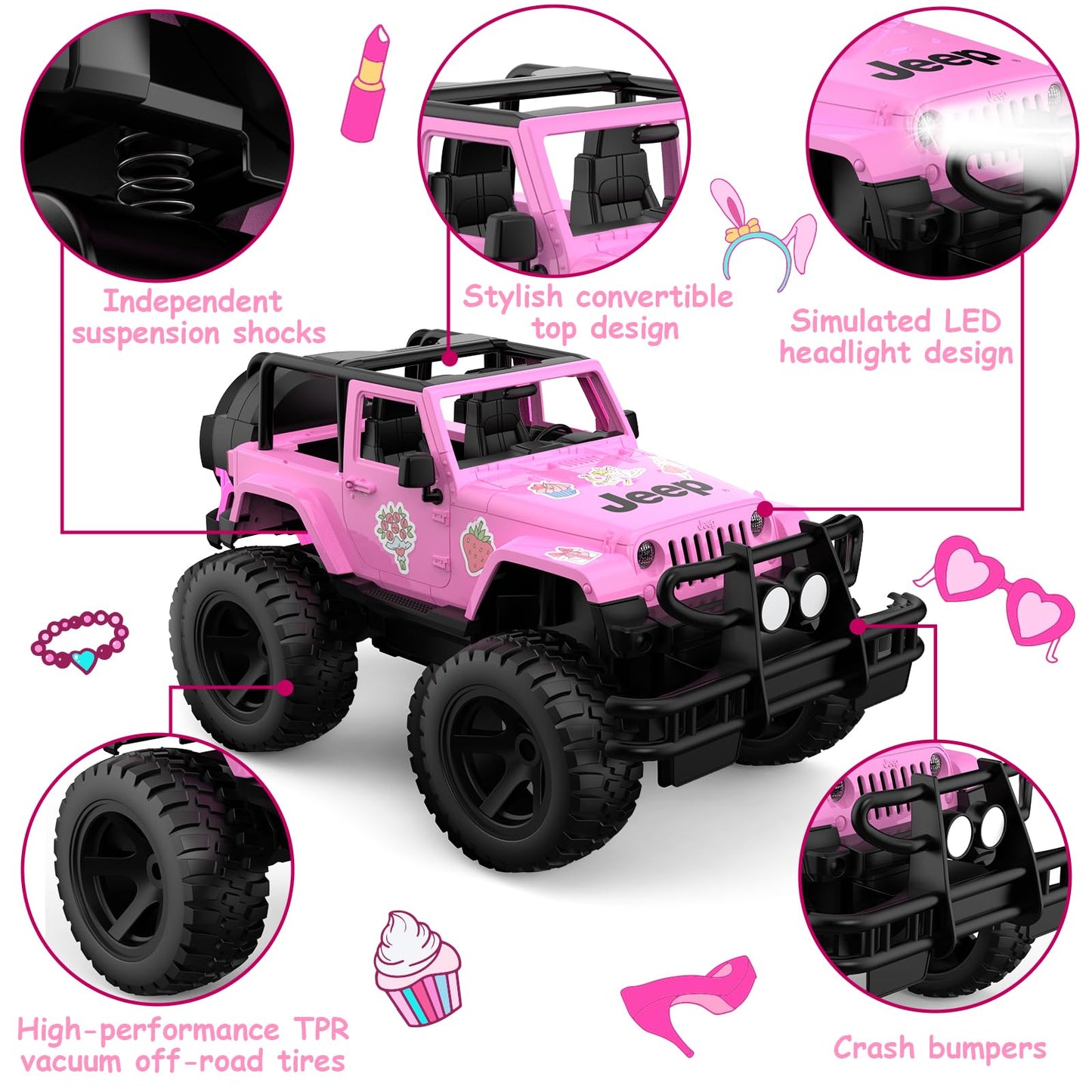 DOUBLE E Jeep Licensed 1:14 Scale Pink Remote Control Car for Girls with 2*DIY Stickers, Open-top Design RC Jeep, 80Min Play 2.4Ghz Off Road RC Trucks with LED Lights, Birthday/Xmas Gifts for Girls 6+