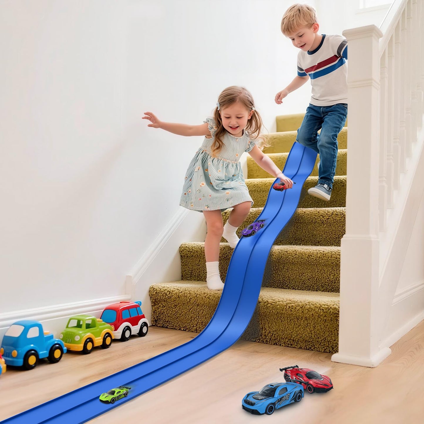 Flex Race Track 16 Ft with Suction Cups Compatible with Diecast 1/64th Cars, Flexible Car Track Toys for Ages 3+ Kids Toddlers Roll Out Portable Racetrack (Blue)