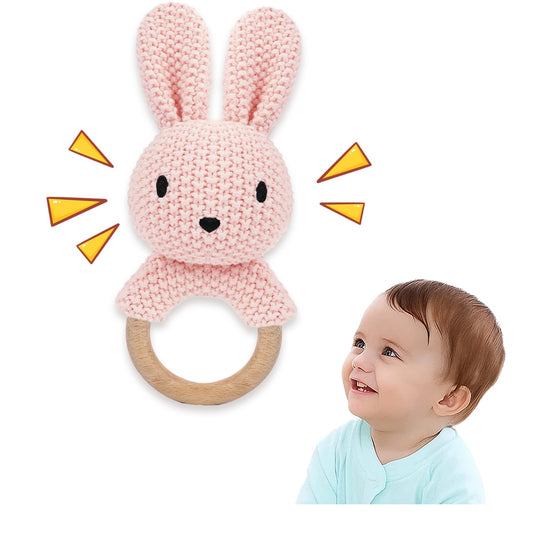 JUSTQUNSEEN Baby Rattle Teether Bunny Pink Crochet Rabbit Toy for Baby Girl Handmade Knitted Easy Grip Wood Handle for Gum Relief Woodland Animal Plush Stuffed Easter Basket Shower Gift Newborn