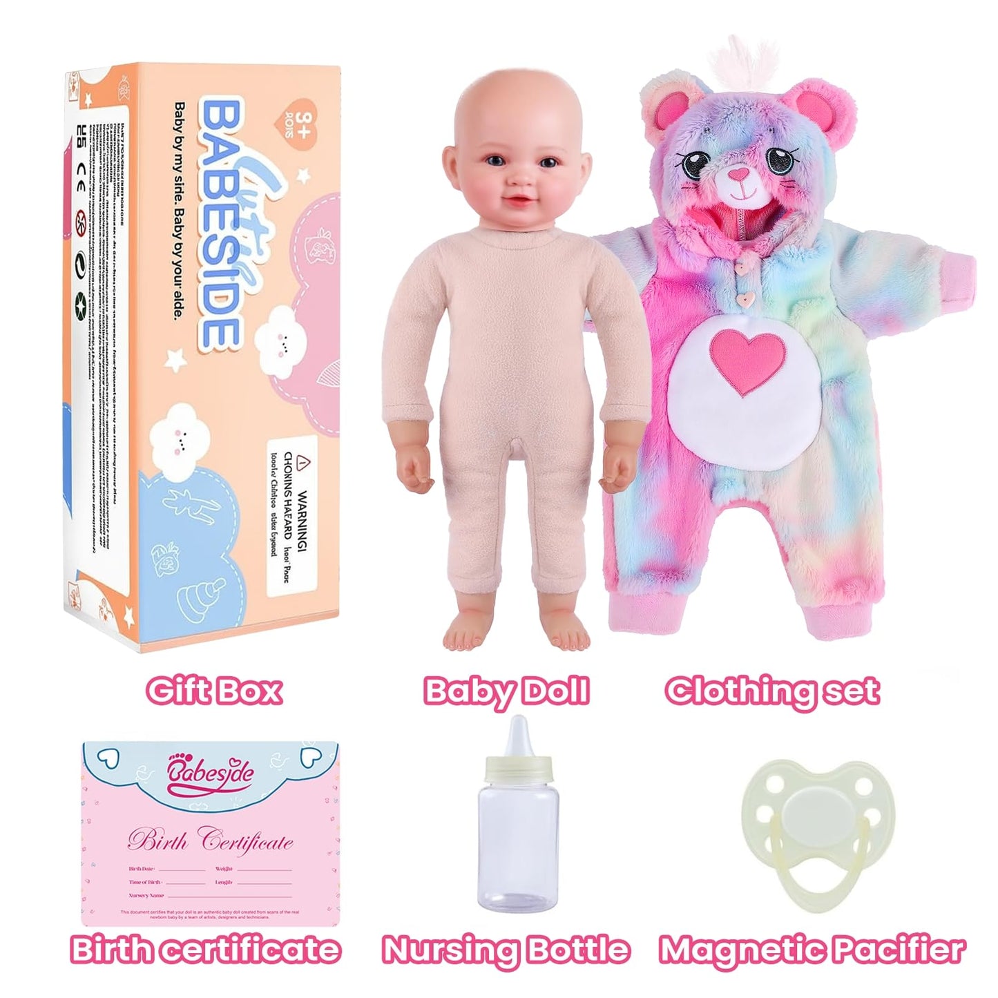 BABESIDE Baby Doll Girl - 17-Inch Soft Body Realistic Baby Doll with Rainbow Bear Outfit Lightweight Real Life Baby Dolls for 3+ 4 5 6 7 8 9 Years Girl Birthday Gifts, Pretend Play and Christmas