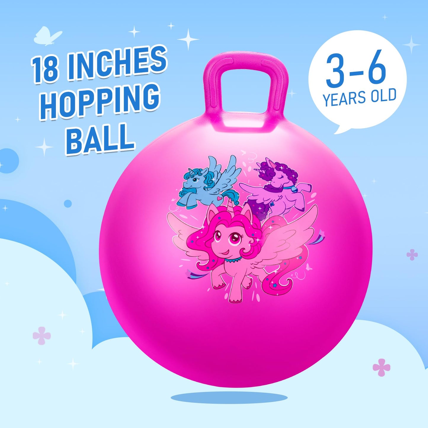 U&C Planet Hopper Ball, 18 inches Bouncy Ball with Handle for Kids Age 3-6, Hoppity Hop Sit and Bounce Jumping Hopping Toys with Pump & Gift Box, Great Gift for Boys Girls, Pink Unicorn