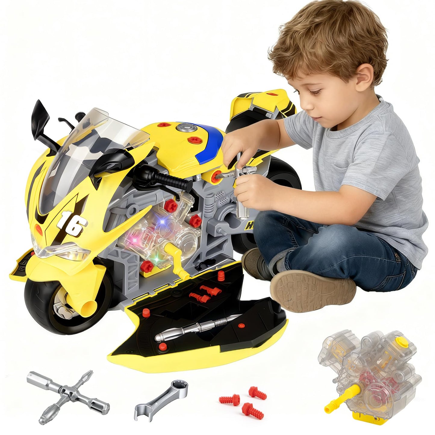 Take Apart Motorcycle Toys Kids Mechanic Repair Set for Toddlers 3-5, Interactive Toy Engine Building Kit with Sounds, Lights & Spray, STEM Educational Gift Toys for 3 4 5 6 7 Year Old Boys Girls