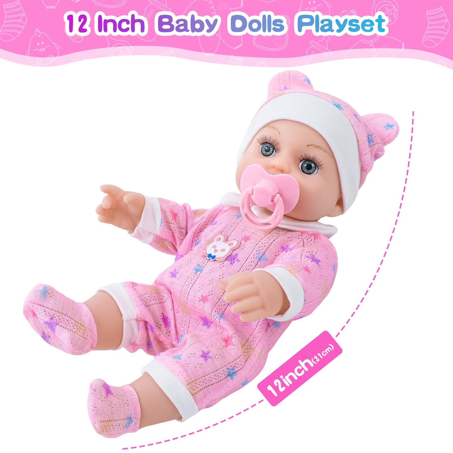 BDDOLL 12" Baby Doll in Gift Box with Pink Backpack, Cloths, Feeding Bottle and Pacifier, First Baby Dolls for Toddlers 3 Years and Up