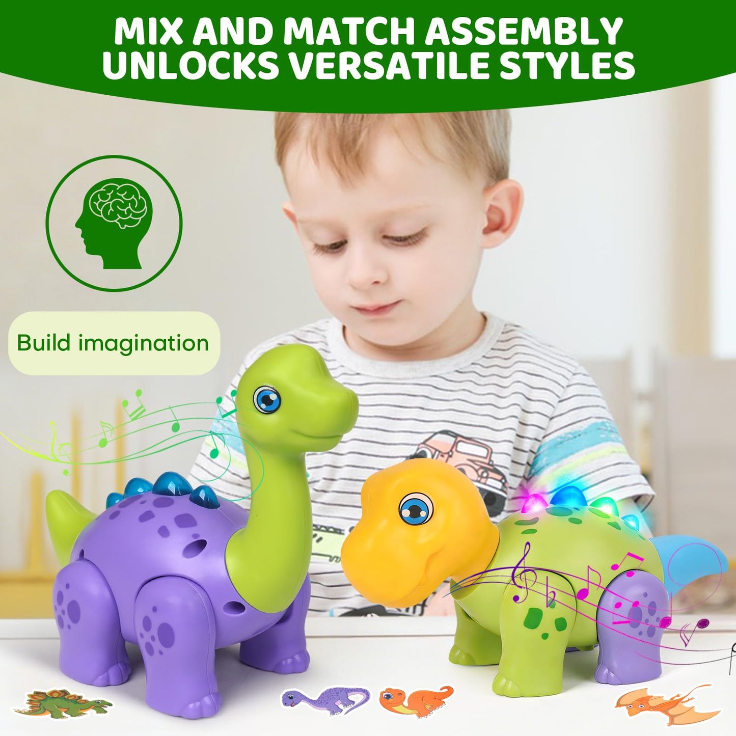 HOPANDOS Magnetic Dinosaur Toy Set for Kids - Assembly Dino Toys with Light & Music, Take Apart Building Set for Toddlers 3-5, Sensory STEM Educational Baby Toy, Birthday Gift for Boys Girls 1-3