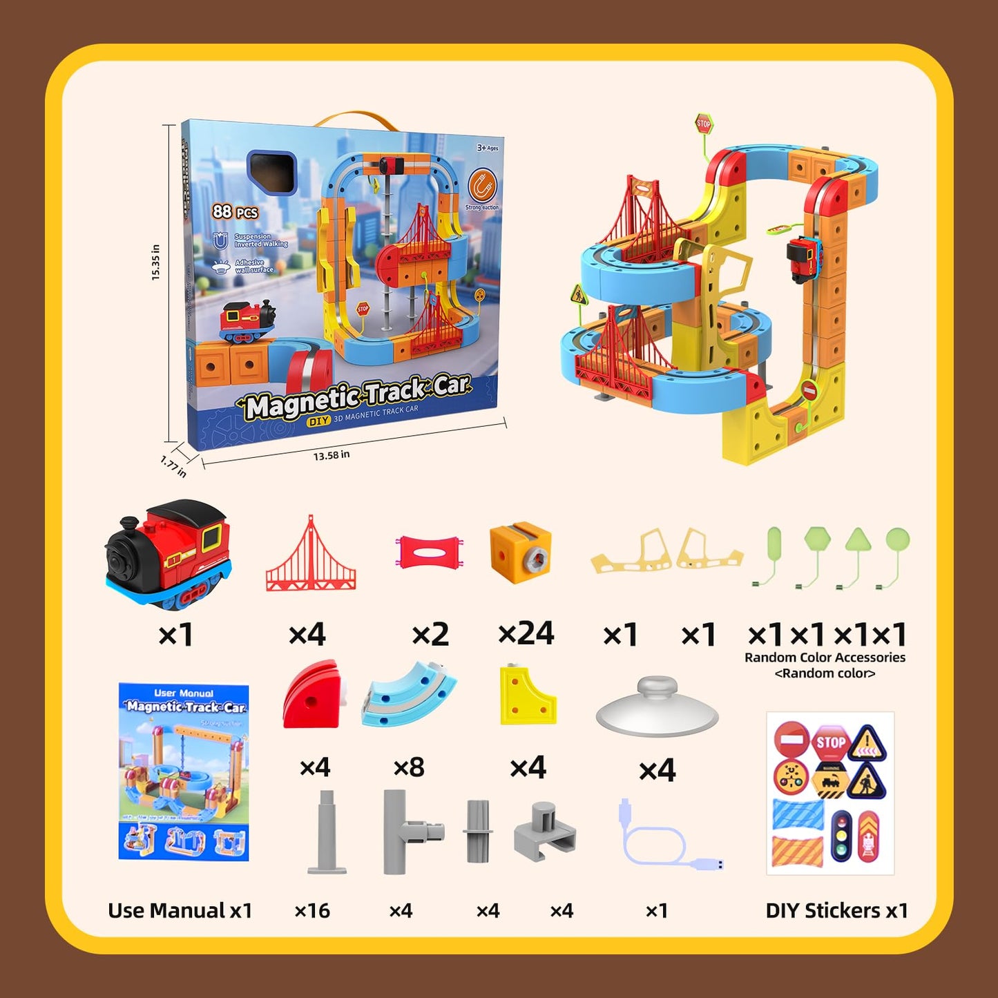 Electric Train Set 3D Track for Kids 3-8 Years Old, 88 Pcs Building Toy Train Track 3D Anti-Gravity Flexible Race Tracks,Motorized Train with Gravity-Defying 360°,Gravity, Educational Toy Birthday