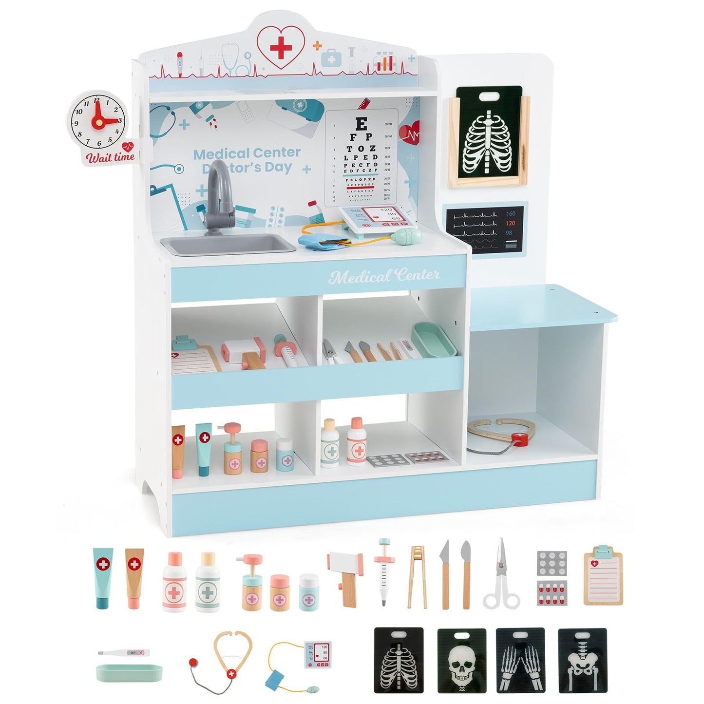 HONEY JOY Kids Wooden Doctor Play Set, 2 In 1 Checkup Medical Office Center & Vet Clinic Station, Exam Area & Interactive Accessories, X-Ray, Toddler Pretend Hospital Playset Kit for Boys Girls (Blue)