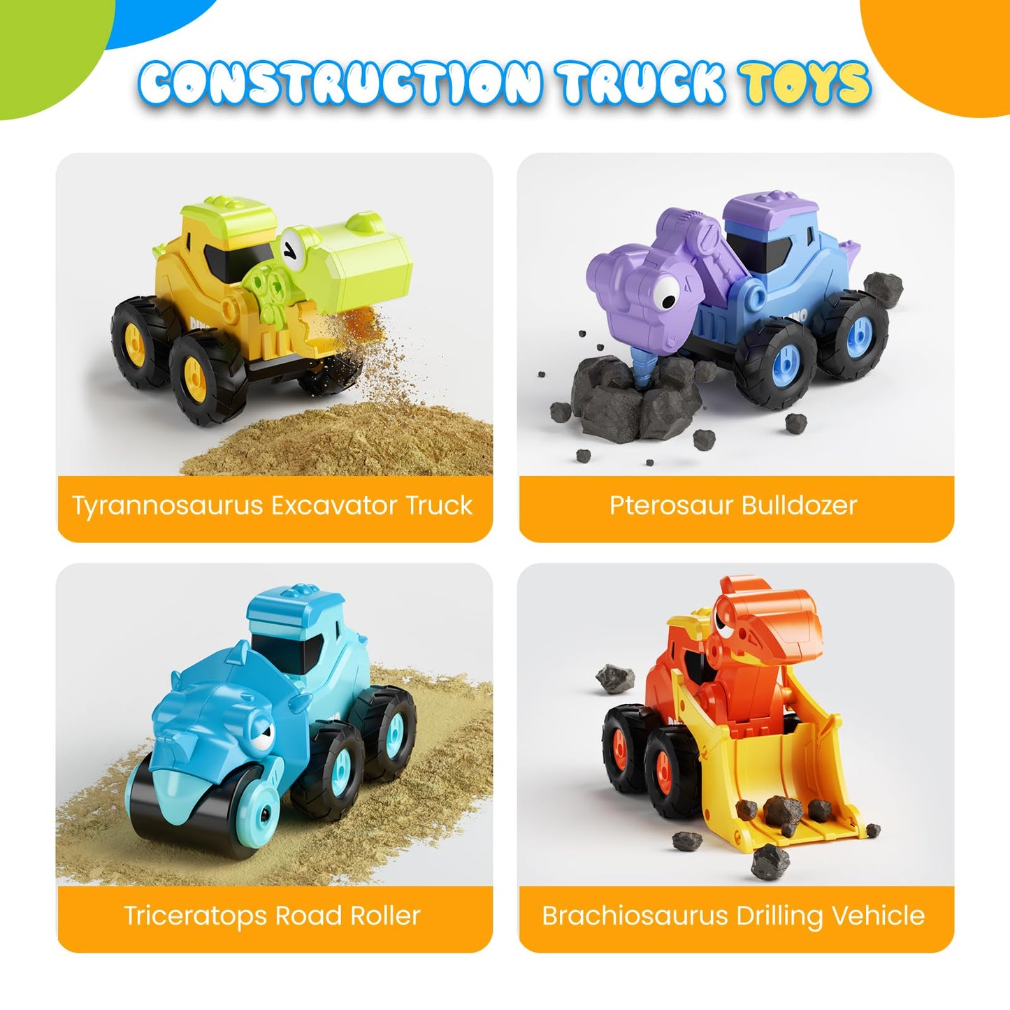 Dimoarch Construction Toys for 2 3 4 5 Year Old Boy Kids Toddlers, Press and Go Dino Truck Construction Vehicle Toys Sandbox Excavator Toys Boy Birthday Gifts