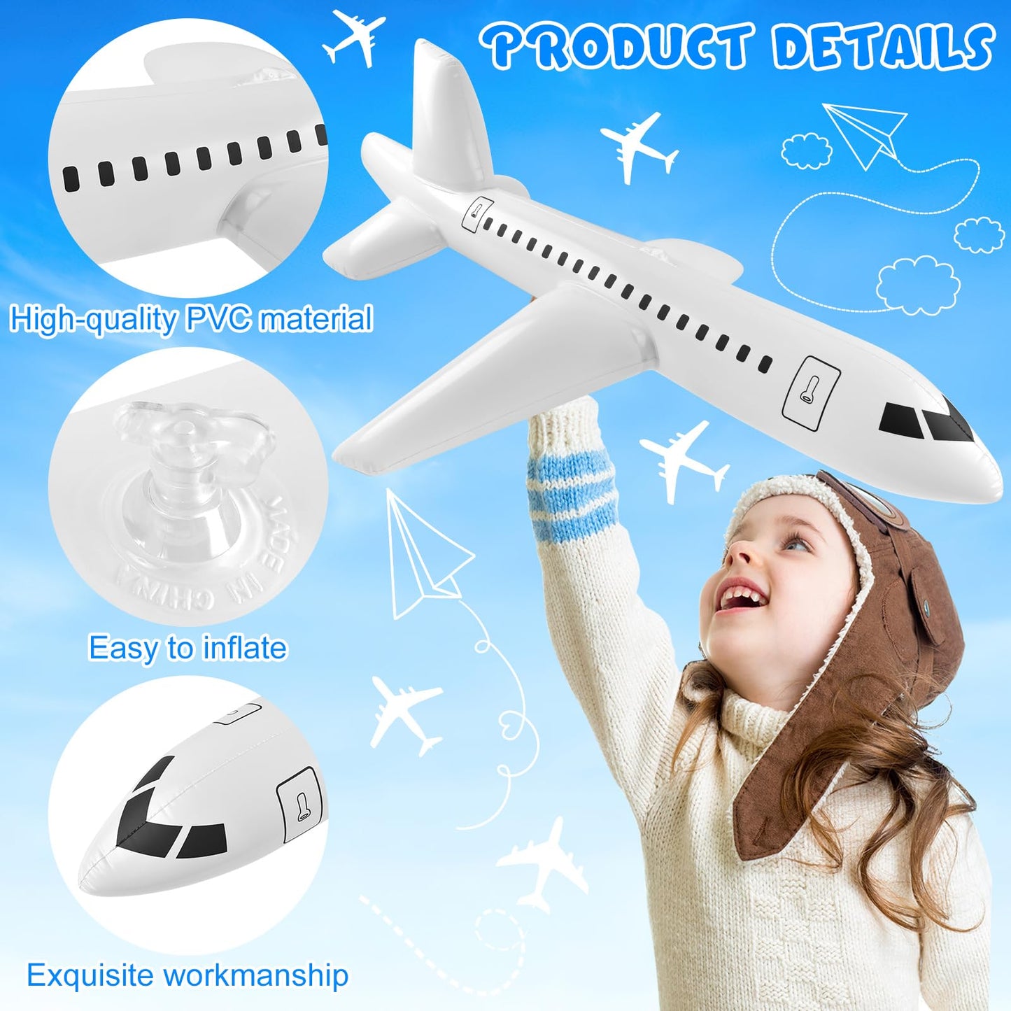 Mototo 4 Pieces Inflatable Airplane Balloon 40 Inch Large Inflatable Plane Balloon White Plane Toy Float Airplane Aviation Themed for Outdoor Indoor Birthday Party Swimming Pool Party Supplies