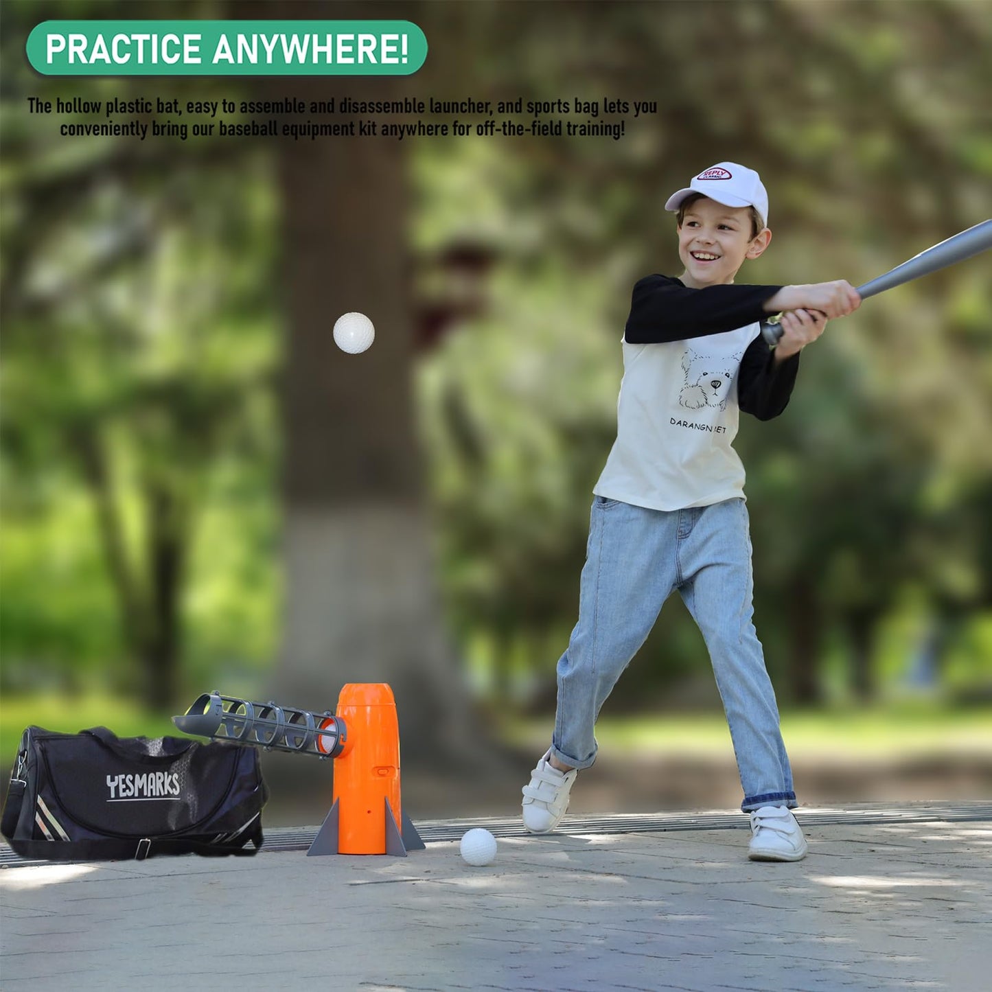 YESMARKS Kids Auto Baseball Pitching Machine Outdoor Toy Set - Training Equipment & Batting Practice Toys for Youth, Includes 10 Baseballs, Baseball Bat and Sports Bag