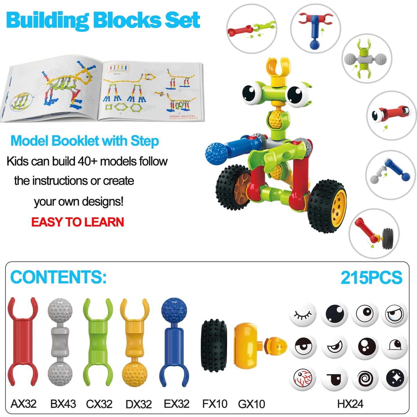 Afomida 215 PCS Creative Building Blocks Playset Toy - Featuring Storage, Includes Dinosaur, Robot, Car, Spider, Dog Figure, Learning Toy for Kids, Birthdays Gift for Kids, Boys and Girls Ages 4-7, 8+