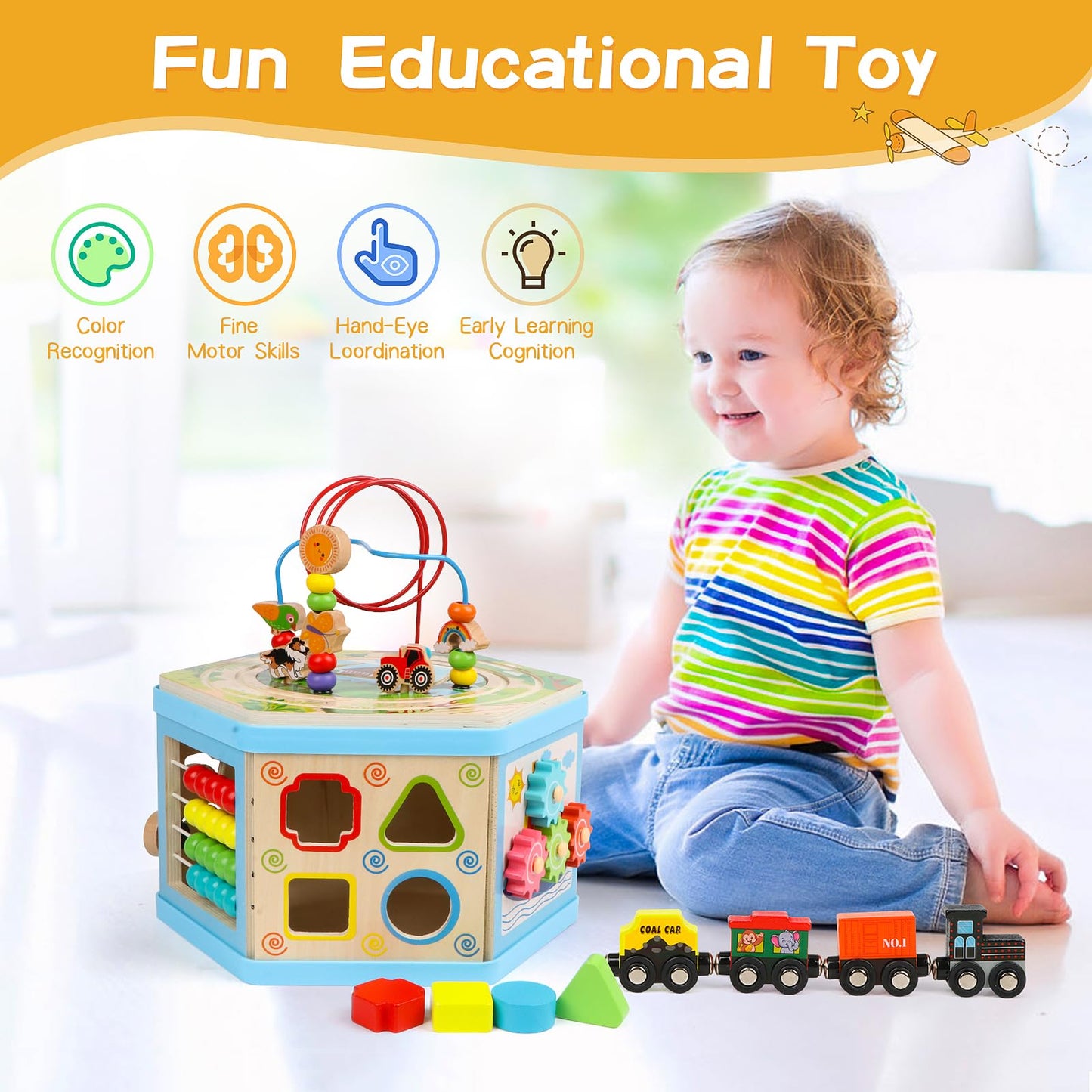 Wooden Activity Cube 9-in-1 Montessori Toys for 1+ Year Old Boys Girls Educational Learning Toys for Toddlers Age 1-2 One Year Old First Birthday Gift Bead Maze Magnetic Trains Track Shape Sorter