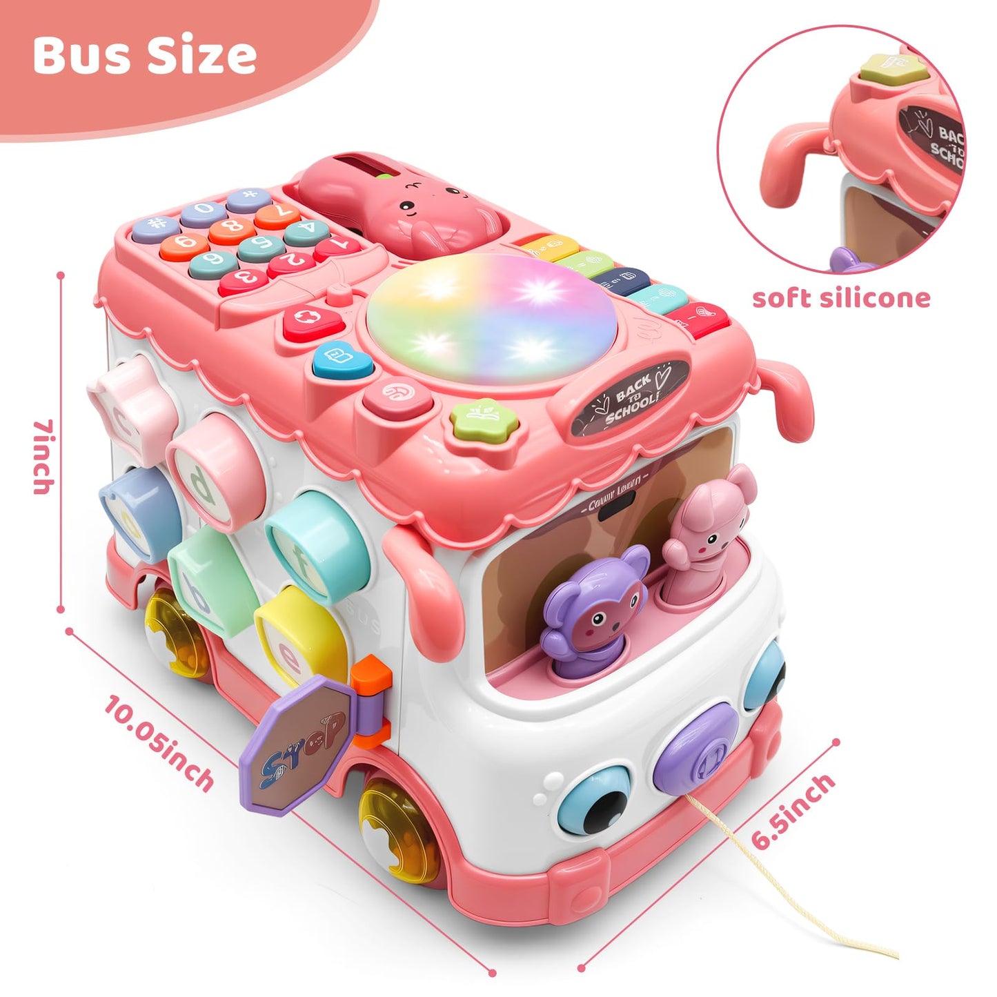 DELUTIQUE Baby Bus Toy for 1 Year Old Girl Gifts, Montessori Musical Bus Toy for Baby 12-18 Months, Baby Piano Drums for Toddlers 1-3, Shape Sort Toys 1st Birthday Gifts for Girls