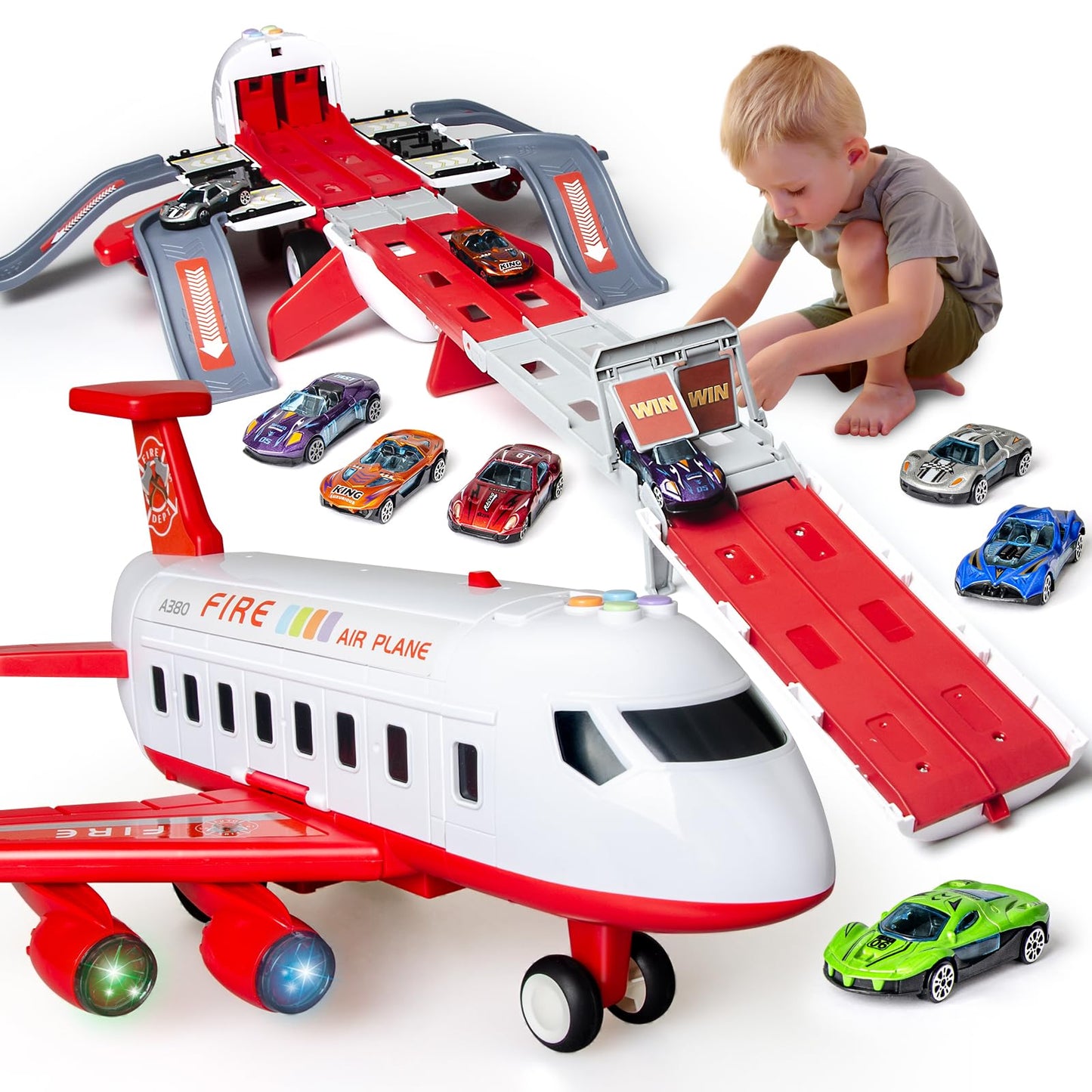 Cmartlarge Airplane Toy with 4 Layer Foldable Race Track, Transport Carrier Plane with 6 Race Cars, LED Lights & Sounds, Toddlers Toys Birthday for 3 4 5 6+ Years Old Boys Girls