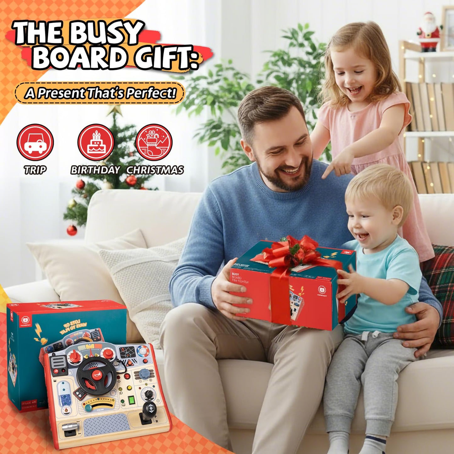 Toddler Busy Board Toy for Steering Wheel with Sounds & Lights, Sensory Montessori Toy for 3 Year Old Boys Girls Birthday Present, Wooden Travel Toys for Kids Ages 3