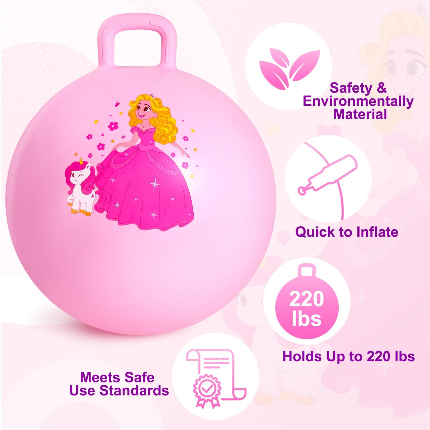 ZOOJOY Princess Hopper Ball, 18 Inch Bouncy Ball with Handle for Kids Aged 3-8, Inflatable Jumping Toys for Girls Boys, Pink Hopping Toys Gift with Pump