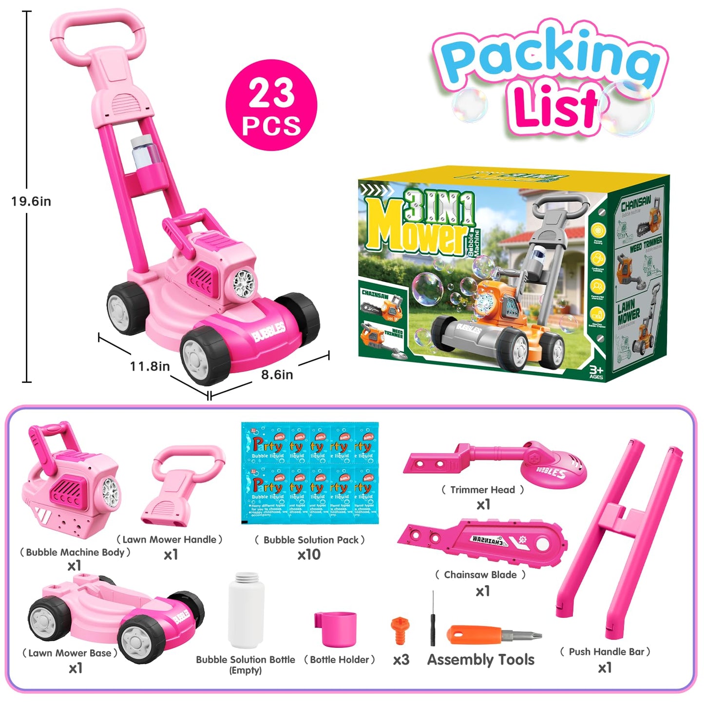 Bubble Lawn Mower for Kids, 3-in-1 Bubble Machine Blower with 10 Bubble Solution, Outdoor Push Toys for Toddlers Ages 3-8, Birthday Easter Summer Gift for Boys Girls 3 4 5 6 7 8 Year Old