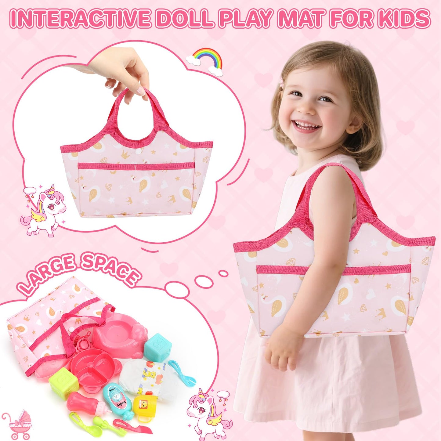 deAO Baby Doll Stroller Set with 12" Baby Dolls Nursery Playset 17 PCS Baby Doll Accessories with Play Mat,Storage Bag,Baby Stroller Toys for Girls Toddlers 3+ Pretend Play Gifts