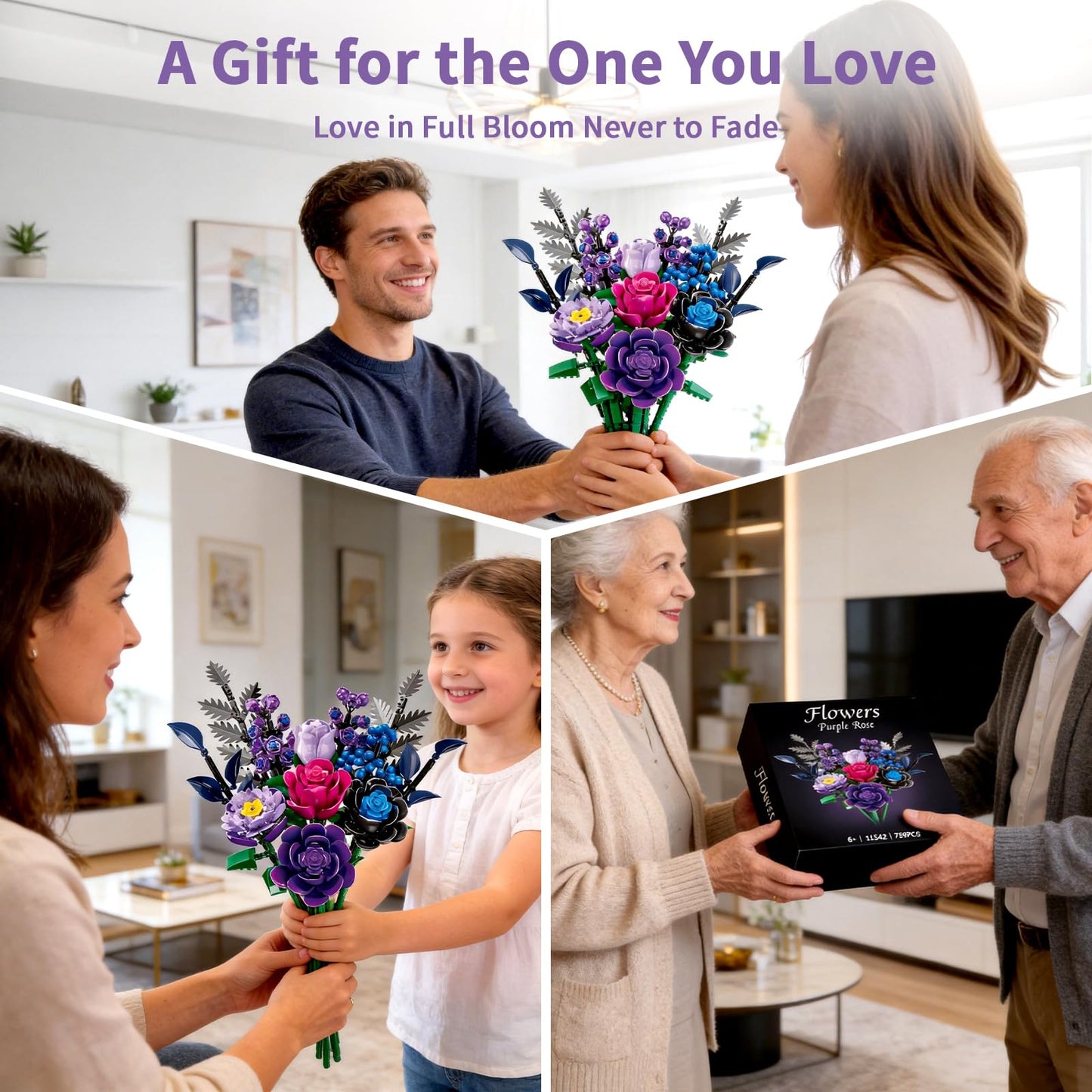 YOIUSFR 759 Pcs Purple Rose Flower Bouquet Building Set, Botanical Collection Kit Artificial Fake Flowers Blocks, Home Table Decor Aesthetic for Gifts for Mom, Birthday, DIY Craft