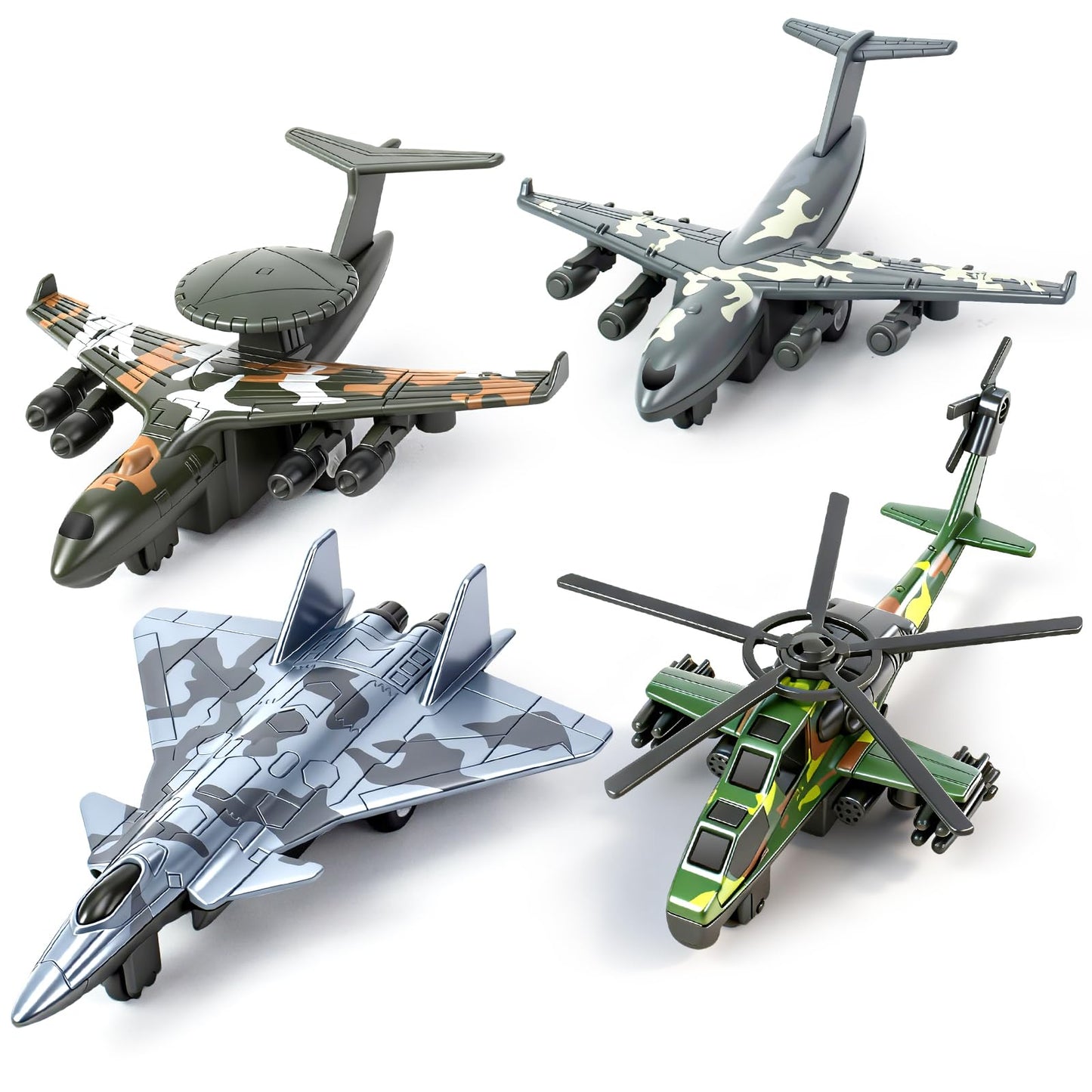 Tcvents 4 Pack Diecast Airplane Toys, Alloy Army Aircraft Plane Model Toys Camouflage Military Fighter Jet Helicopter Toy Pull Back Kids Play Vehicles for 3 4 5 6 7-9 Years Old Boys Girls Gift