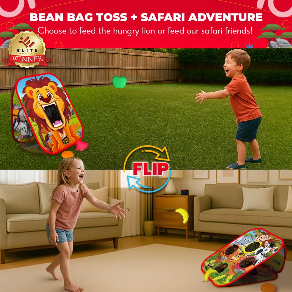 Swooc Games - Safari Sling | 2-in-1 Bean Bag Toss Game for Kids | 5-Second Setup Kids Cornhole Game Set | Outdoor Toddler Activities | Backyard Party Games | Corn Hole Set Toddler Bean Bag Toss