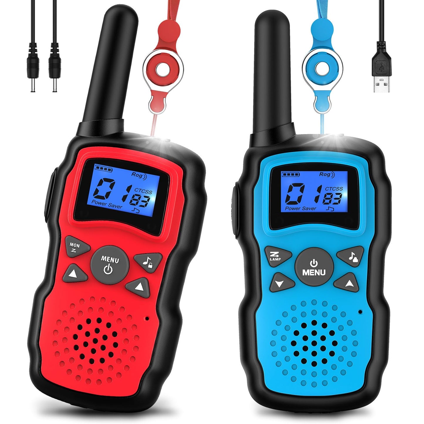 Wishouse Walkie Talkies for Kids Rechargeable with USB Charger 6000mAh Battery,Outdoor Camping Games with Flashlight Lanyard,Toys for Girls,Halloween Xmas Birthday Gift for Children 2 Pack Red Blue
