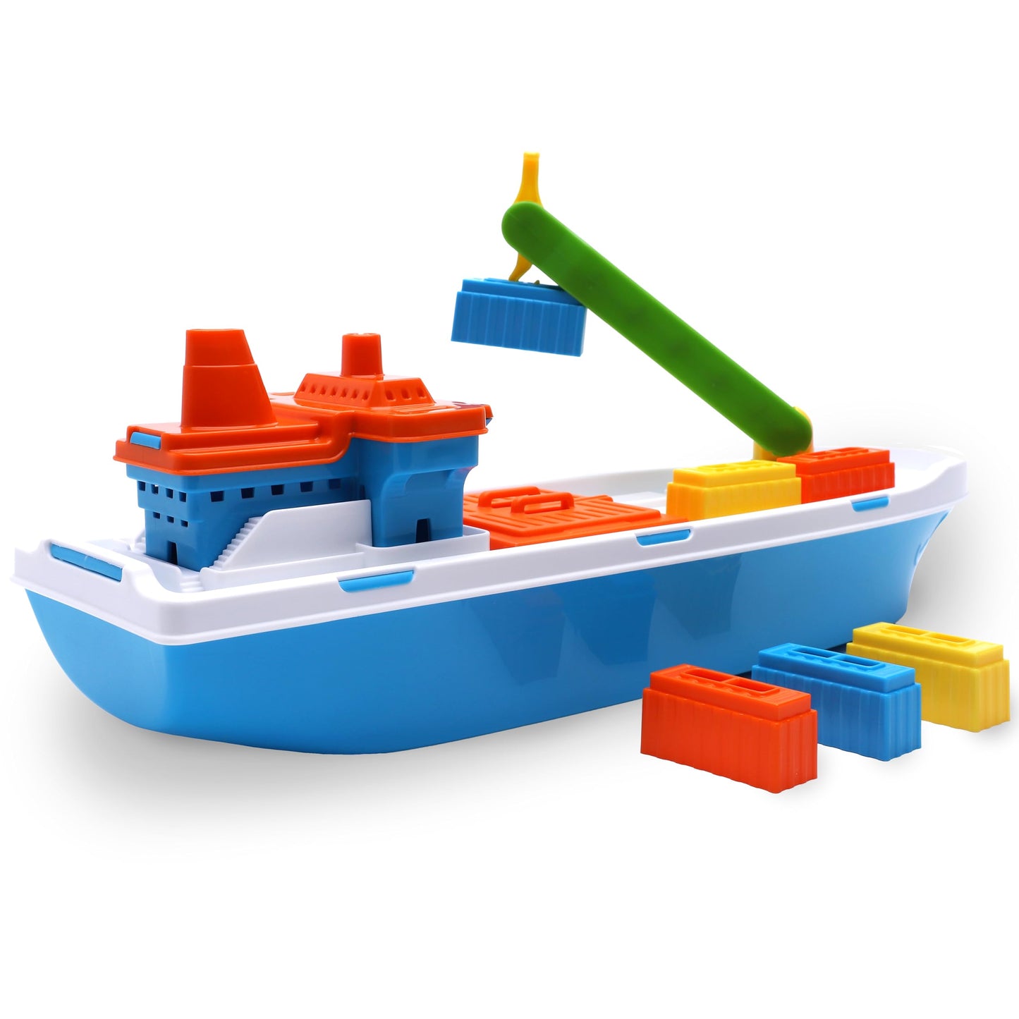 Toyland® 41cm (16") Colourful Cargo Ship with Moveable Doors, Crane & 6 Plastic Containers - Kids Floating Water Toy - Pool & Bathtime Toys - 3 Years+