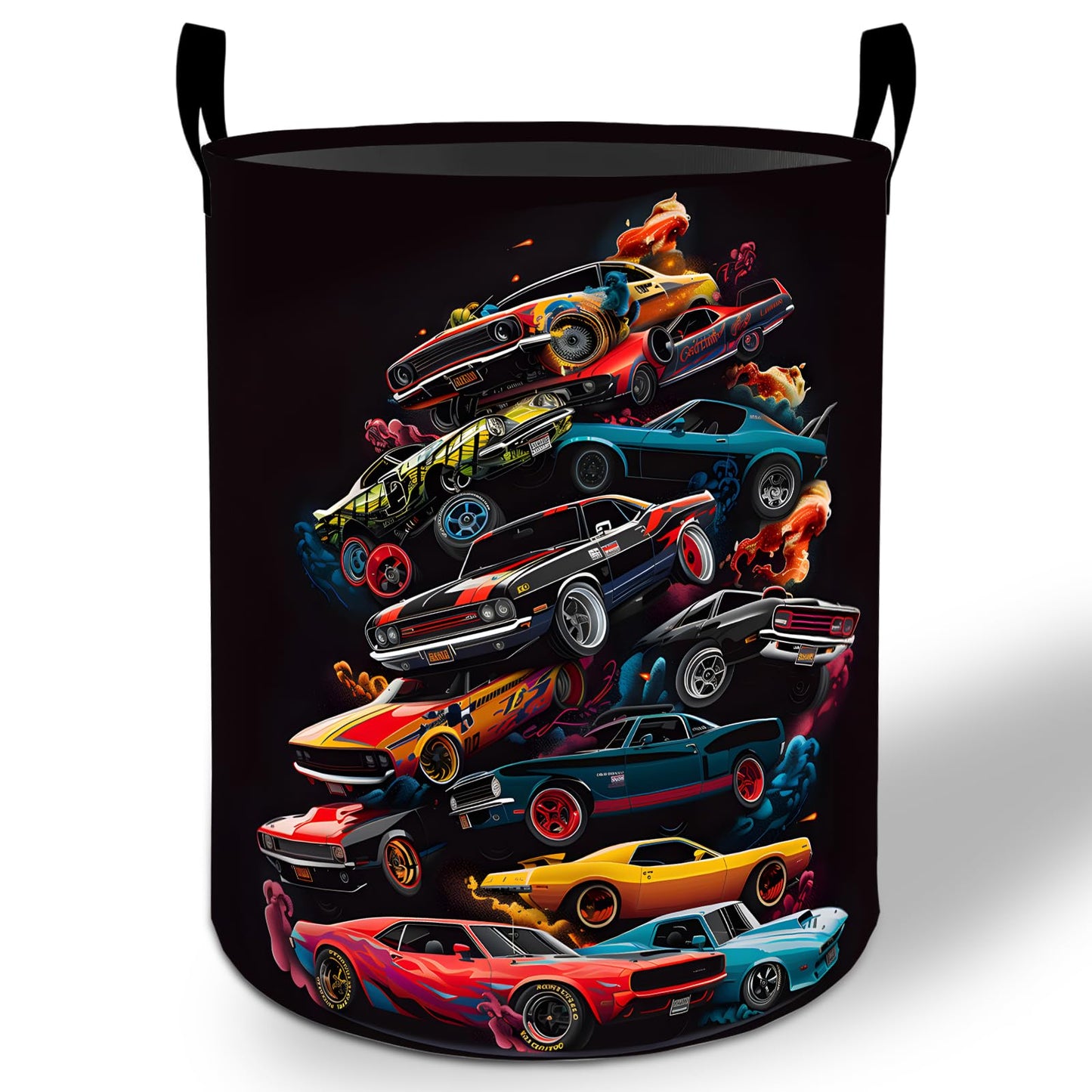 Muscle Car Laundry Basket Hamper 19.7"x15.8", Racing Foldable Waterproof Oxford Clothes Storage Bucket for Room Bathroom Bedroom Nursery Decor, Toy Organizer Bins Gifts for Kids Boys Girls