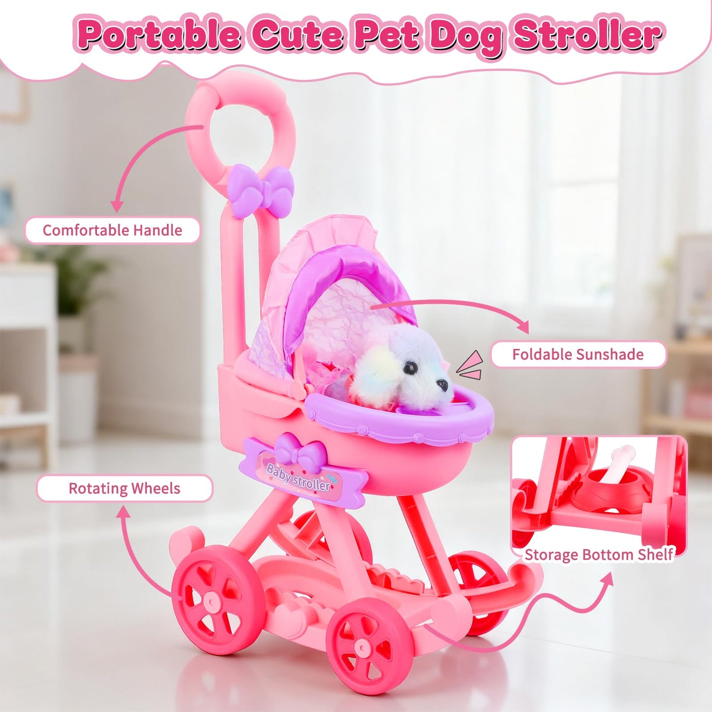 Learn2M 13Pcs Dog Toys for Kids Girls, Pretend Puppy Stroller Playset for Toddler, Electronic Interactive Walking Barking Dog Toy, Pet Care & Feeding Accessories Birthday Gifts for Little Girl 3 4 5 6