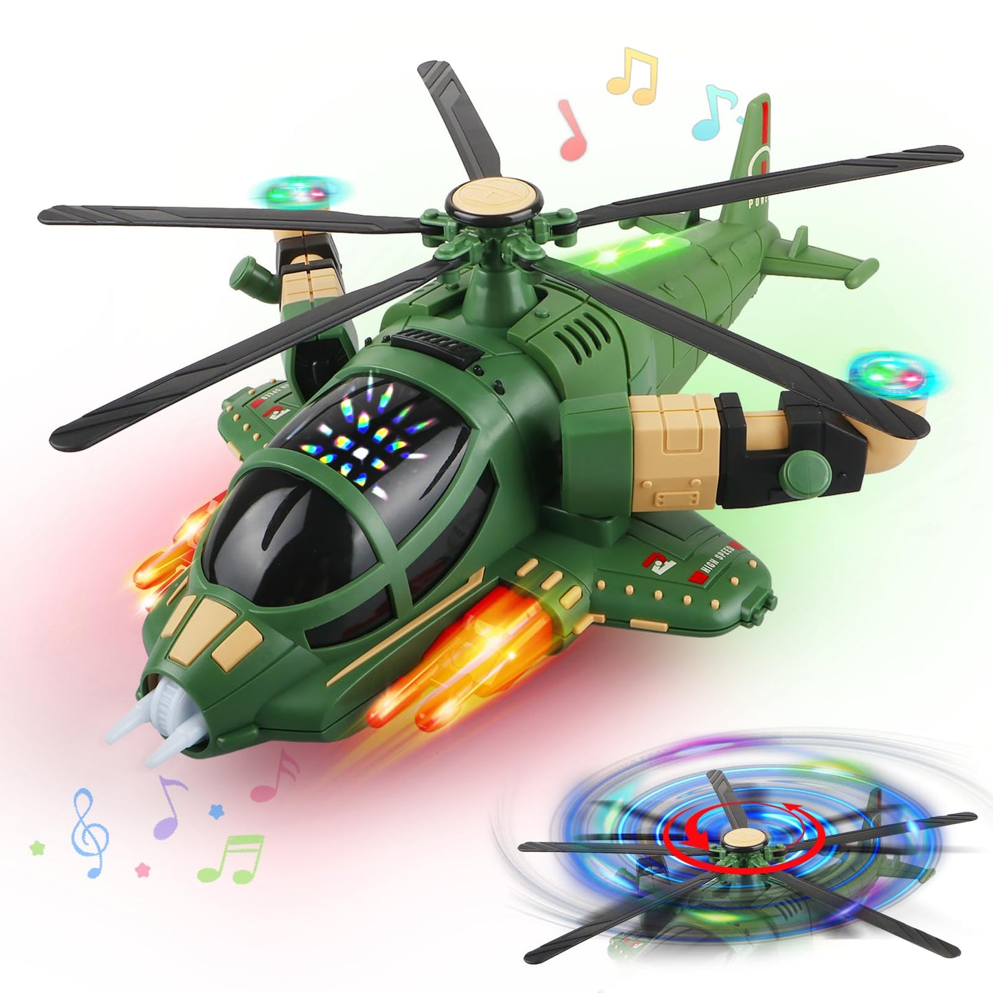 victob Helicopter Toy for Toddlers with Lights and Music, 360° Rotating Airplane Toy for Kids, Bump-and-Go Action, Birthday Gift for Boys Girls Ages 3-7 (Green)