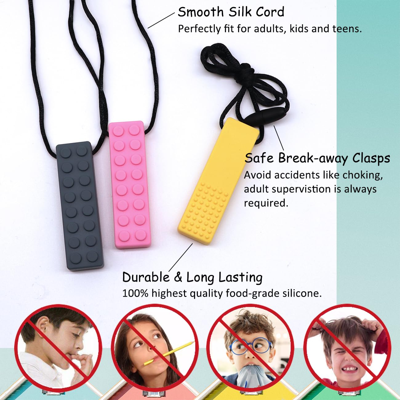 Chewy Necklaces for Sensory Kids Boys Girls, Silicone Chew Necklace Sensory Toys for Autistic, ADHD, Anxiety, SPD, 7 Pack Chewy Fidget Toys Autism Sensory Products for Children Adults Chewing