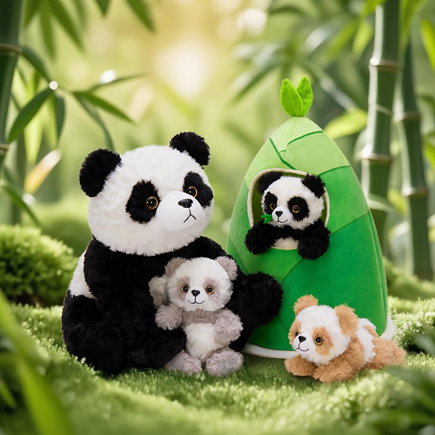 Tezituor 5-in-1 Panda Stuffed Animal Set with Bamboo Hut, Realistic Big Panda Plush Toy with 3 Babies, Birthday Gift Nursery Decor for Kids, Girls, Boys