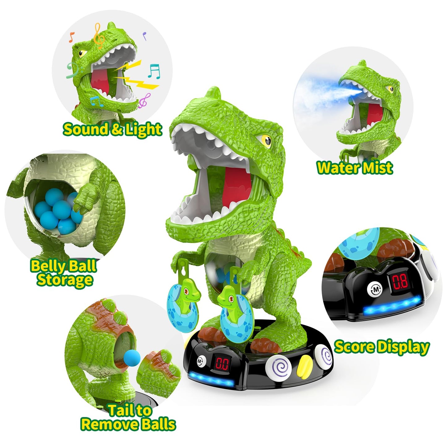 EagleStone Moving Dinosaur Shooting Toys for Kids 5-7, Electronic T-Rex Shoot Target Game with Mist Spray, LED Score, Roar & Light, 3-Pair Dino Target, Birthday Gifts for 5 6 7 8 9 Year Old Boys Girls