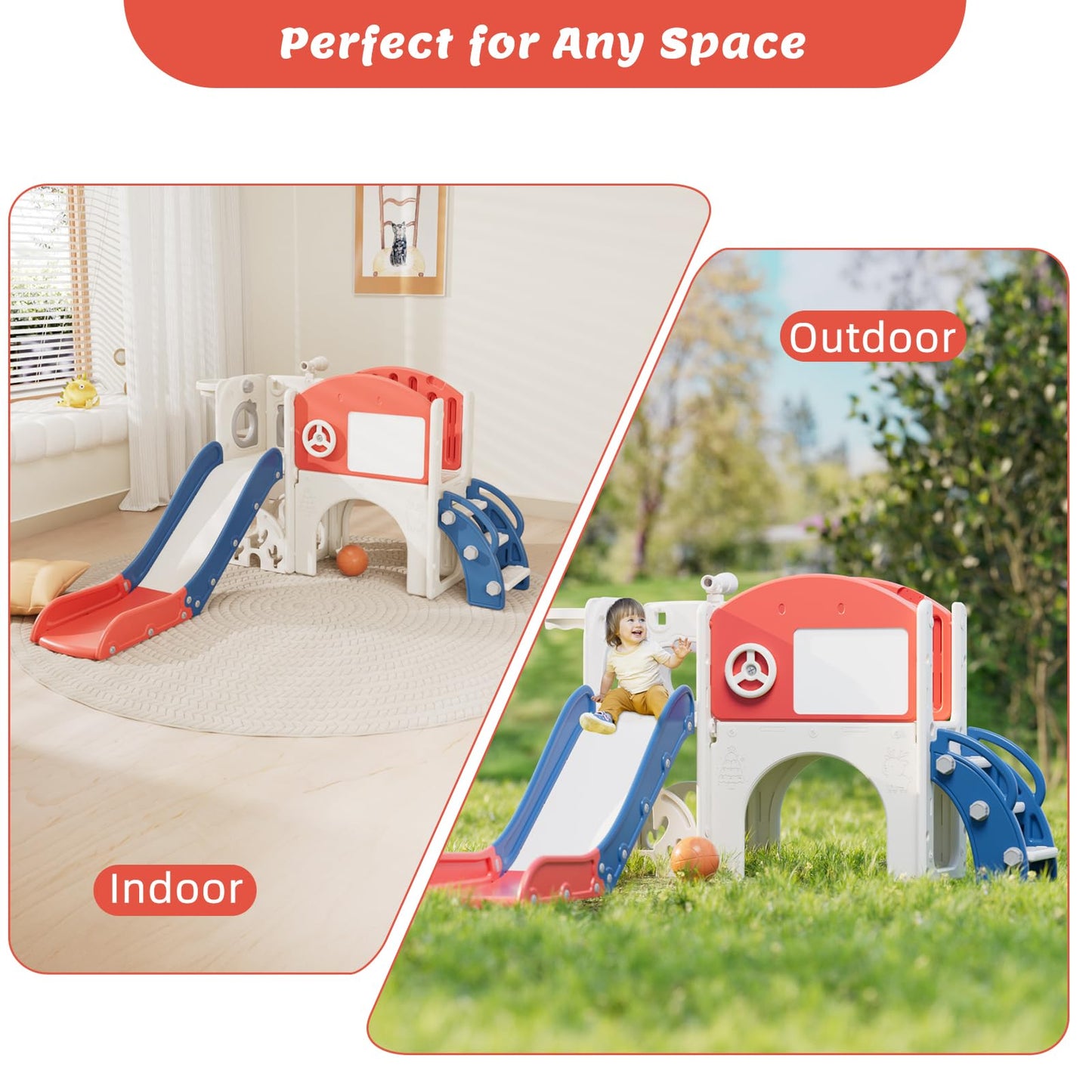 67i 10 in 1 Toddler Slide Playset for 1-3 Years - 1-Hour Easy Assembly, Sturdy Compact Design, Indoor/Outdoor Playground with Drawing Board, Golf & Climbing Skill Development (Red Blue)