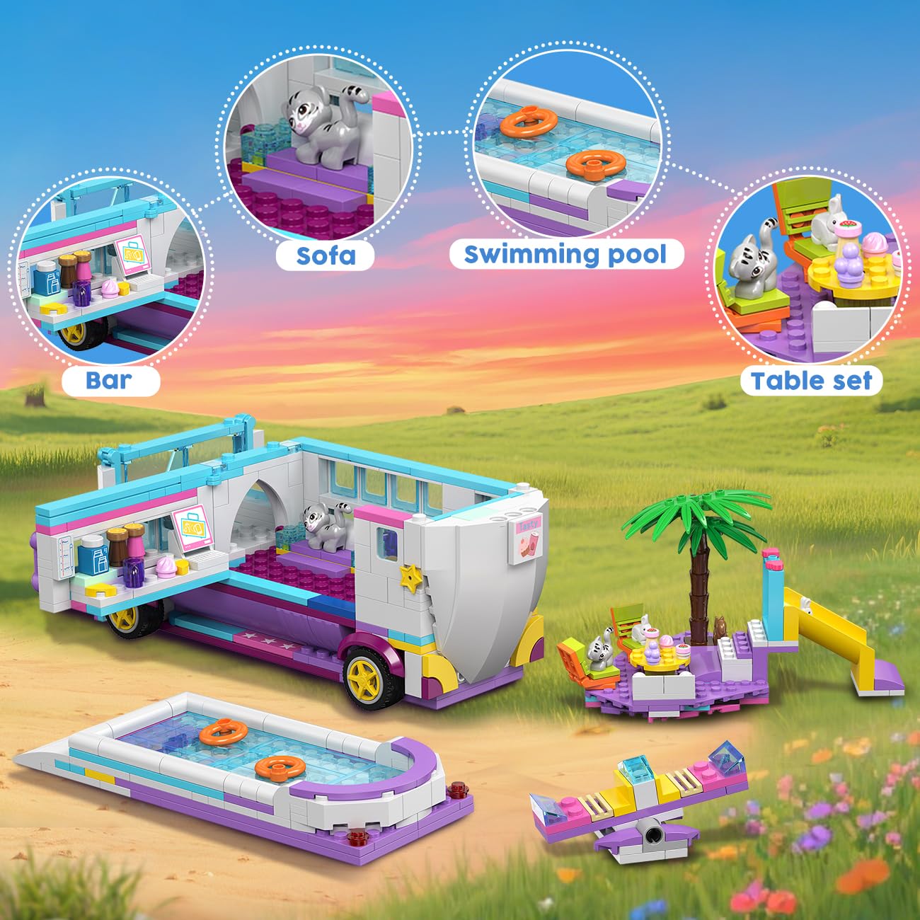 HOGOKIDS 3-in-1 Friends Airplane Building Toy Set - 808PCS Plane/Boat/Camper Van Building Toys with Cute 6 Mini Animals, Slide, Fun Accessories and Stickers, Birthday Gifts for Girls Boys Age 8-12+