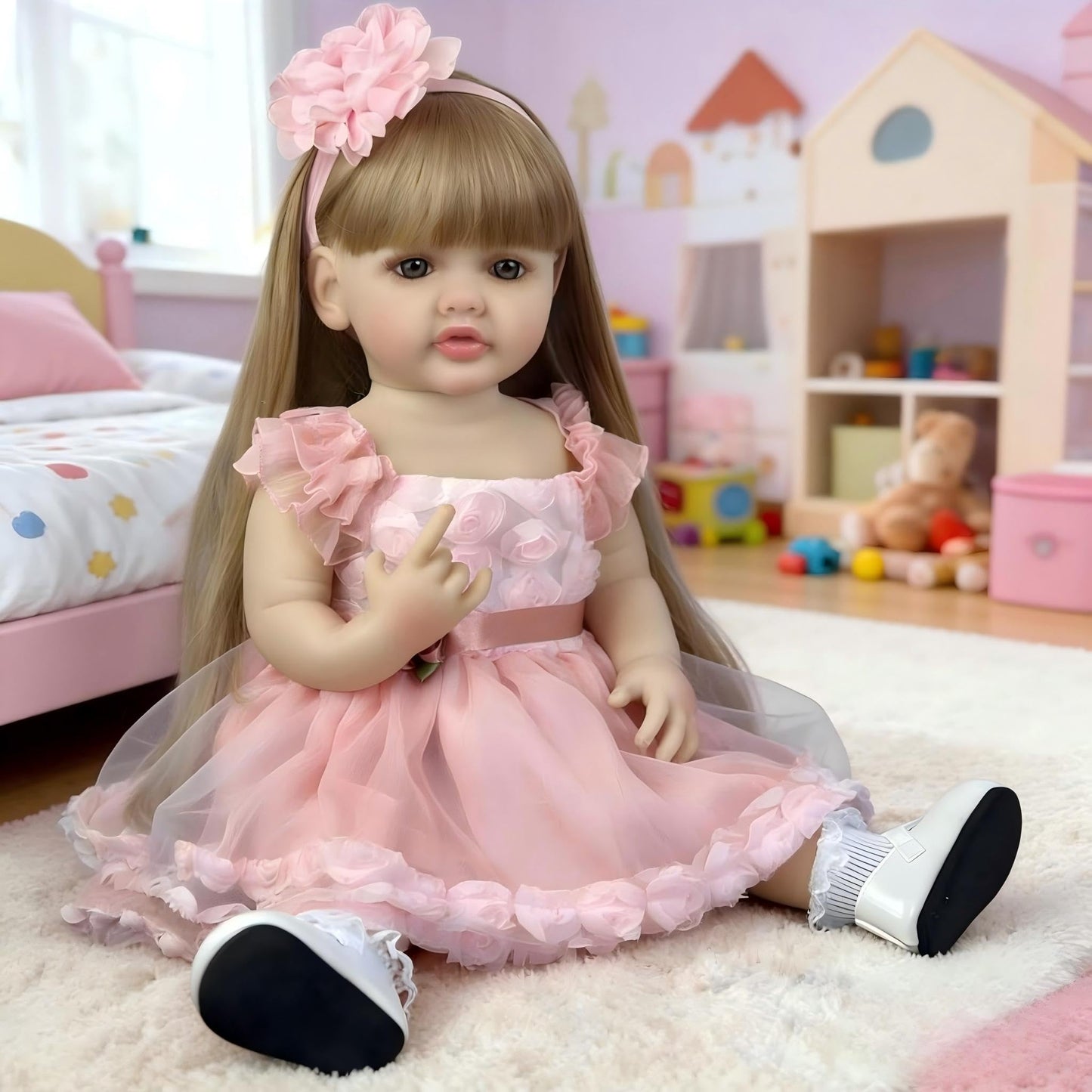Pinky Lovely 22inch 55cm Reborn Baby Dolls Girl Real Life Full Body Soft Vinyl Newborn Baby Dolls Realistic Look Long Hair Princess Baby Doll Toy for Ages 3+