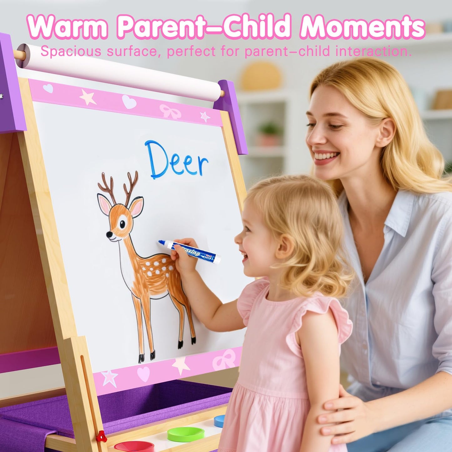 Art Easel for Kids, Adjustable Standing Wooden Toddler Easels, Kids Whiteboard & Blackboard with Paper Roll, Dry Erase Board, Drawing and Painting for Aged 2-4, 5-7, 8-12, Art Supplies Included