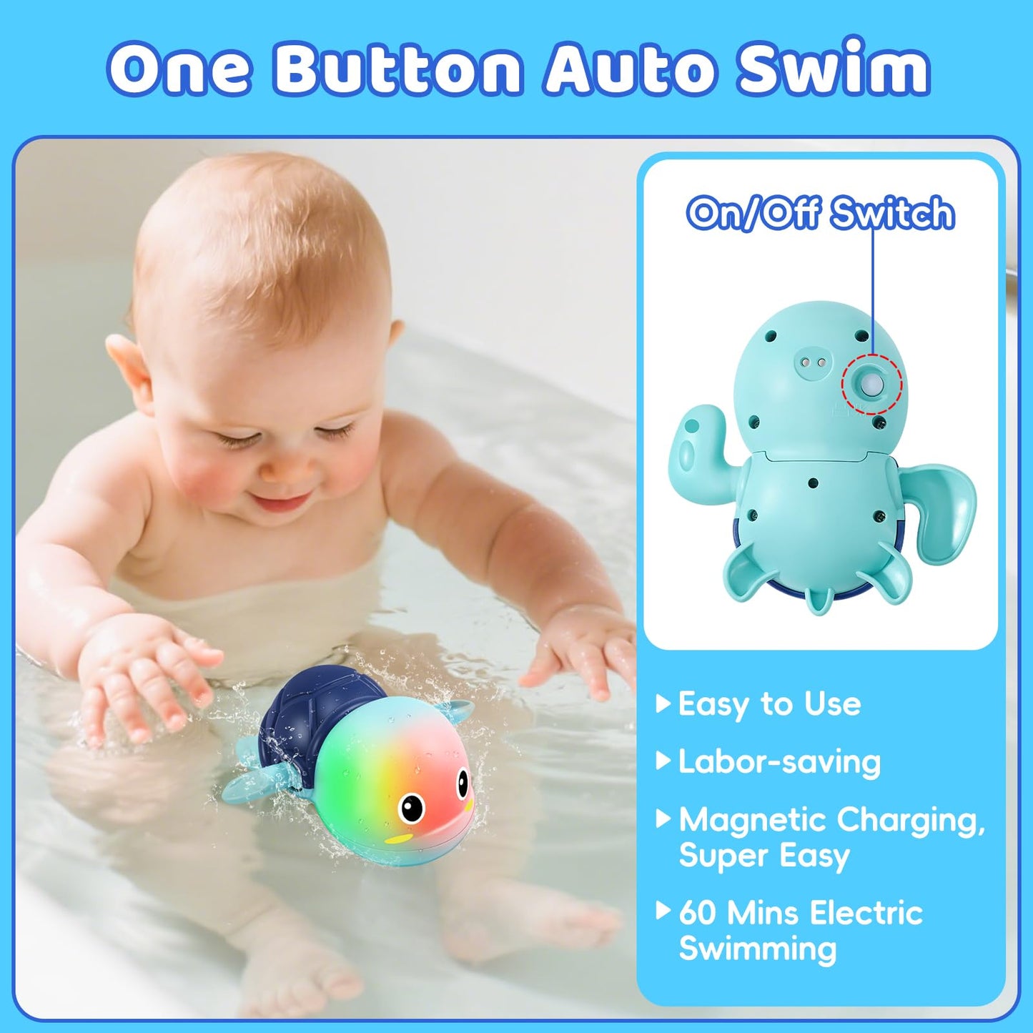 Electric Swimming Turtle Bath Toys - Automatic Swimming with Colorful LED Lights, Rechargeable Light Up Water Pool Floating Toys for Toddlers Kids Ages 1-3 4-8 Year Old Boy Girl
