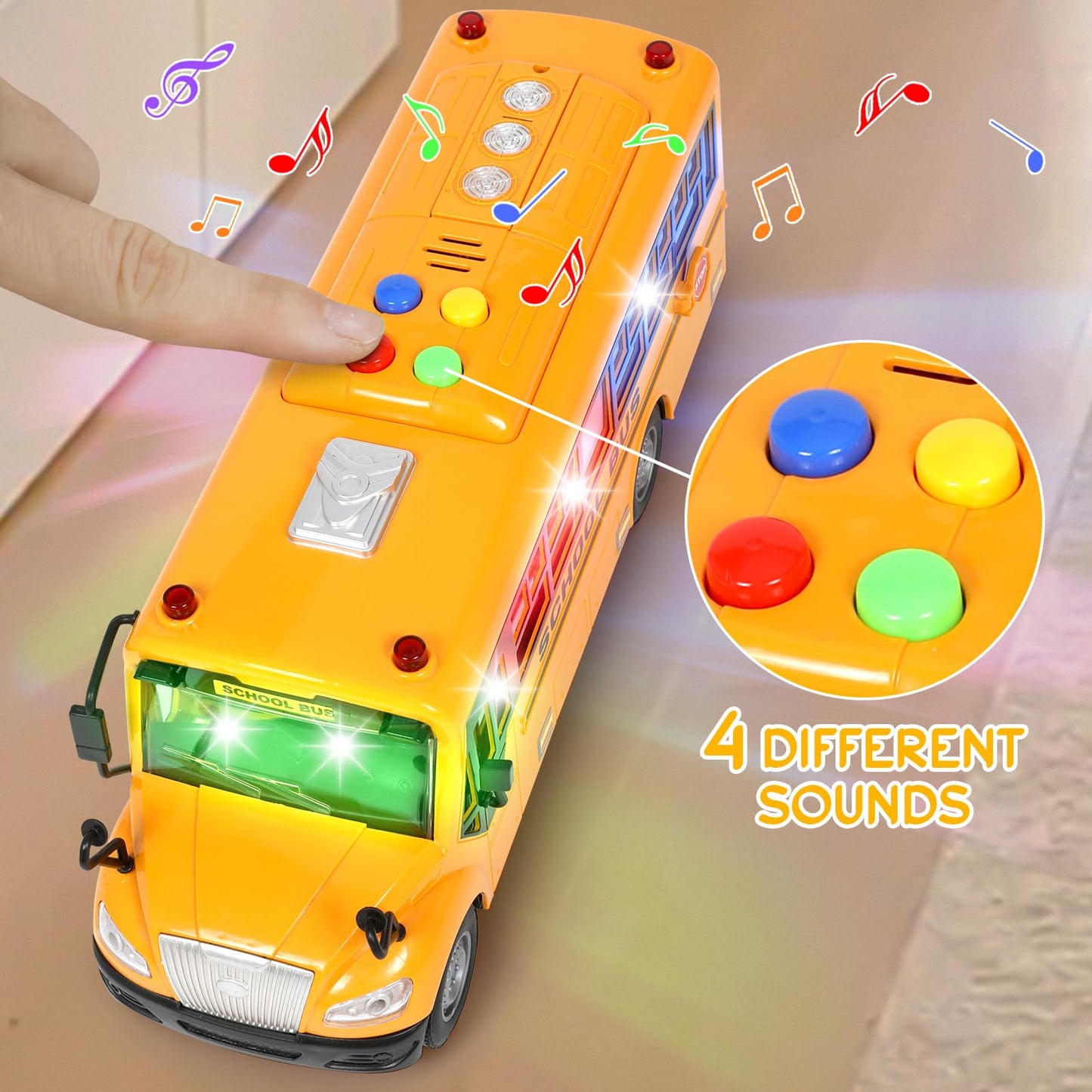 Yellow School Bus Toys for Toddlers With 4 Different Flashing Lights & Sound, Back And Side Doors Open Friction-Powered Wheels Light Up Toy Buses Birthday Gift 3 4 Year Old And Up Girl Boy Toys