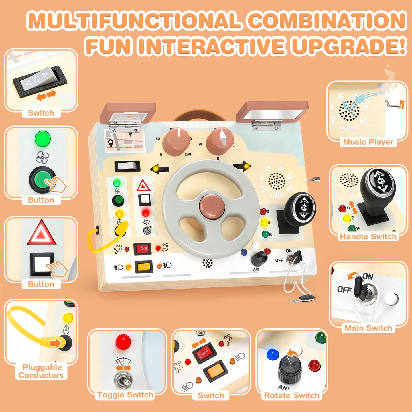 Joyreal Montessori Toddler Busy Board - Montessori Toys for 1 2 3 Years Old, Wooden Sensory Board with LED Lights, Steering Wheel, Music Player, Travel Toys for 1+ Year Old Boy & Girl Birthday Gift