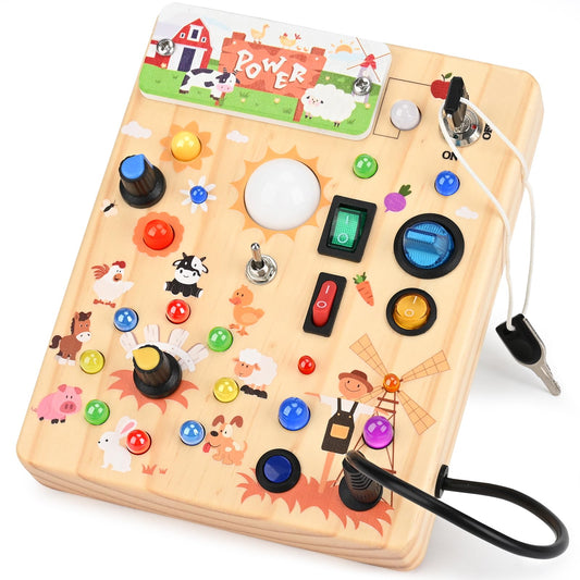 Busy Board for Toddlers 1-3 - Montessori Educational Sensory Toy with 10 Switches & 19 Lights, Activity Board for Fine Motor Skills, Travel Toys for 1+ Year Old Boy & Girl Birthday Gift（Farm Theme）