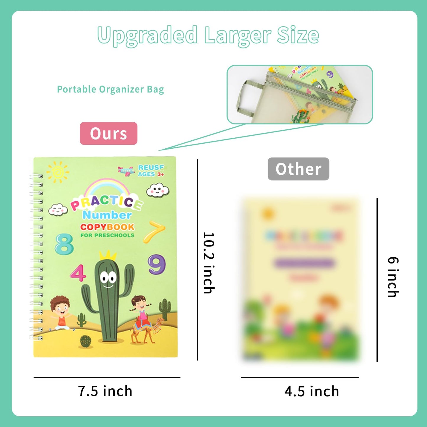 PracticeJQDEN Large Reusable Grooved Handwriting Practice Workbooks for Kids Ages 3-8 Magic Disappearing Ink & 3D Groove Preschool Kindergarten Children Writing Books 5-Book Set with Pen Grips