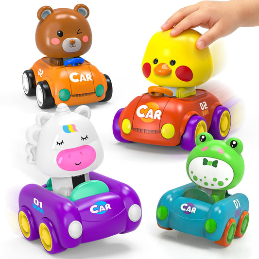 LBJGL Press and Go Car Toys for Toddlers 1-3, 4 Pack Friction Powered Baby Push Cars, Infant Play Vehicle Set for 6-9-12-18 Months, 1st Birthday Gifts for 1-2 Year Old Boys Girls