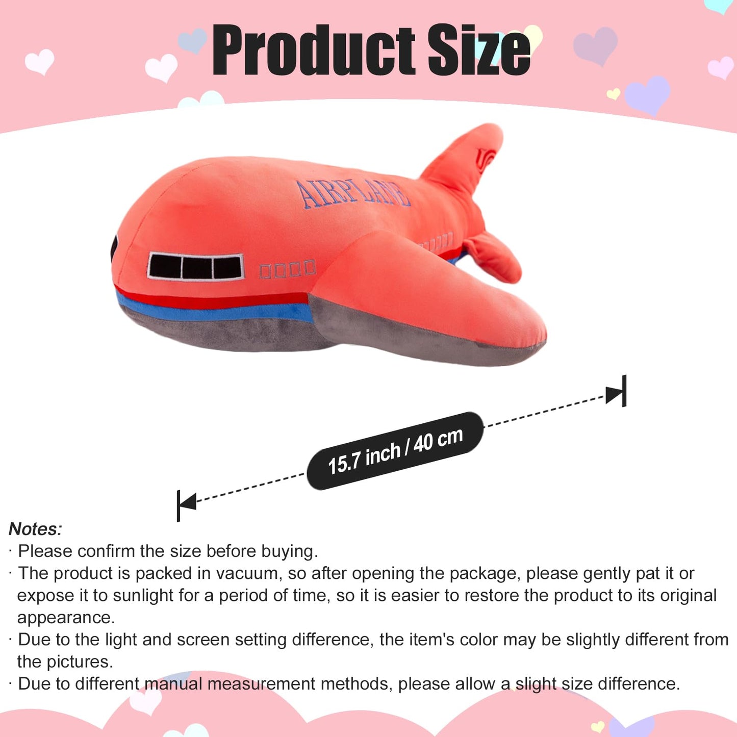 zhidiloveyou 15.7" Airplane Plush Red Stuffed Plane Toy Aircraft Hug Pillow Gifts for Kids