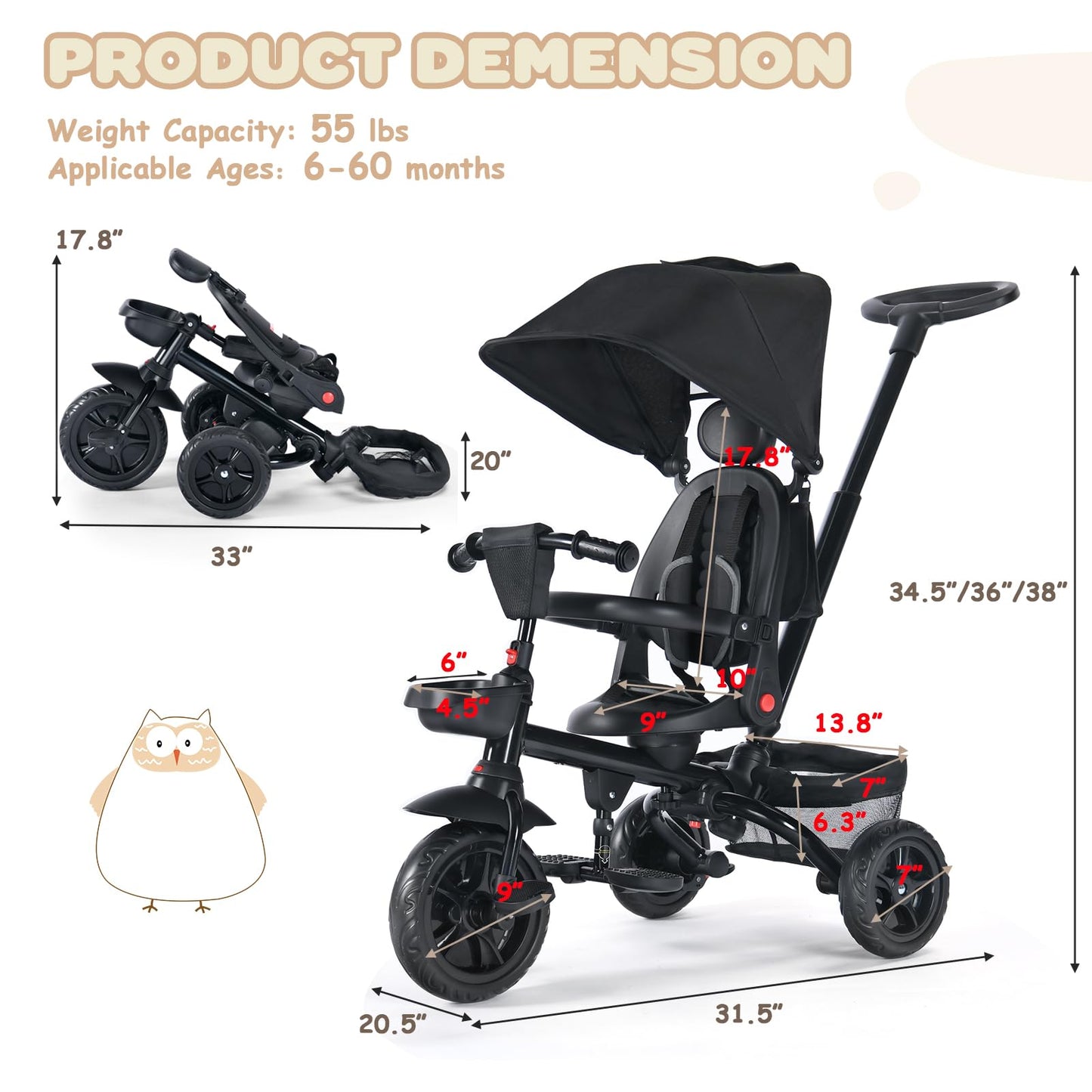 TODEFULL Folding Kids' Tricycle, 8 IN1 Baby Trike W/Removable Canpoy&Parental Push Rod, Toddler Bike Stroller for Kids 1-5 Years, 360° Swivel Seat, EVA Wheels，Storage Basket, Black