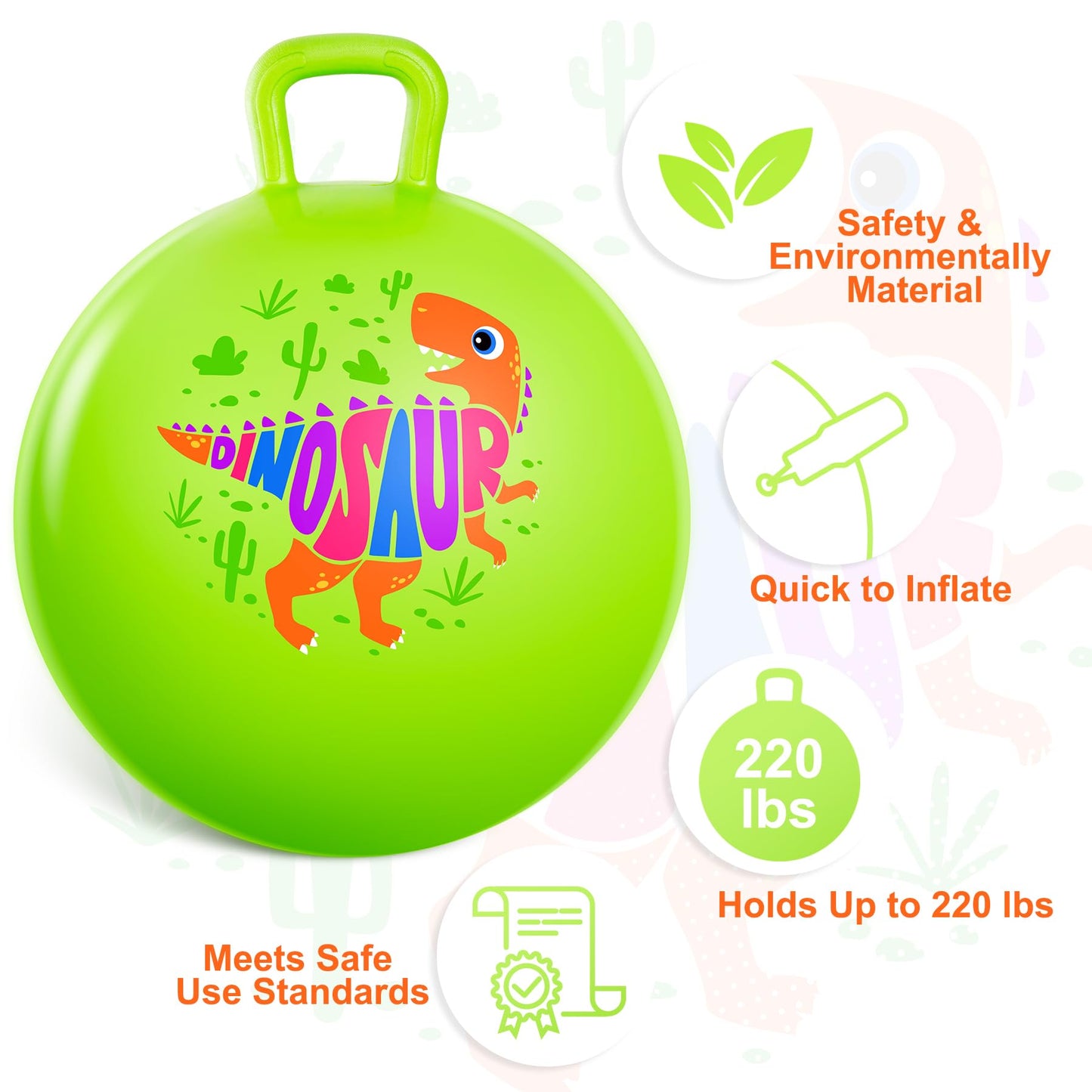 ZOOJOY Hopper Ball for Kids, 18In Bouncy Ball with Handle, Inflatable Green Dinosaur Boys Toys with Pump, Indoor Outdoor Hopping Gifts for Boys Girls 3 4 5 6 7 8