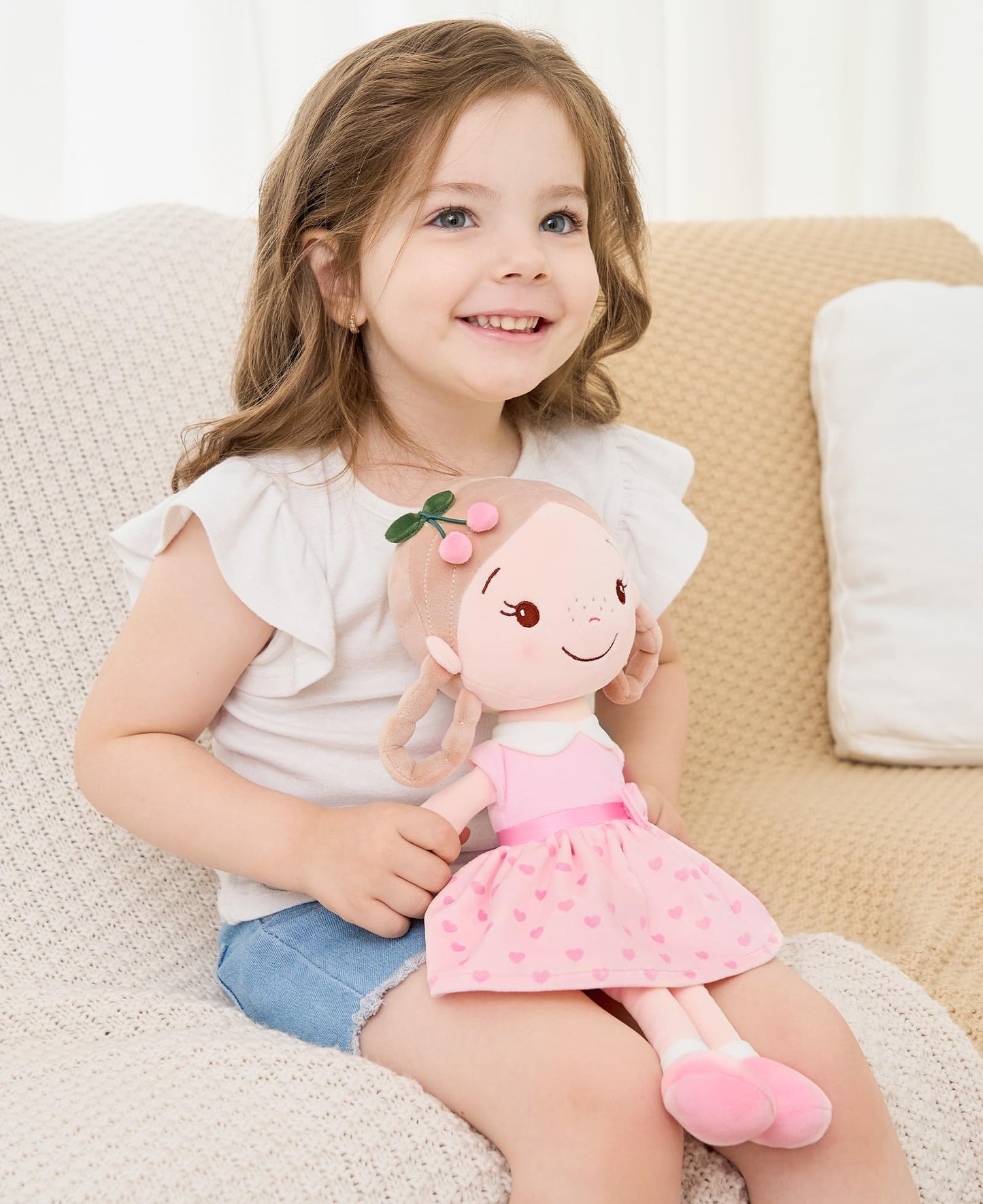 GAGAKU Soft Baby Doll Toys (16'') for Girls, My First Baby Rag Dolls for 1 Year Old Girl Birthday Gift Plush Doll Toys Machine Washable Baby Doll for Toddler Kids Infants - Cherry Girl